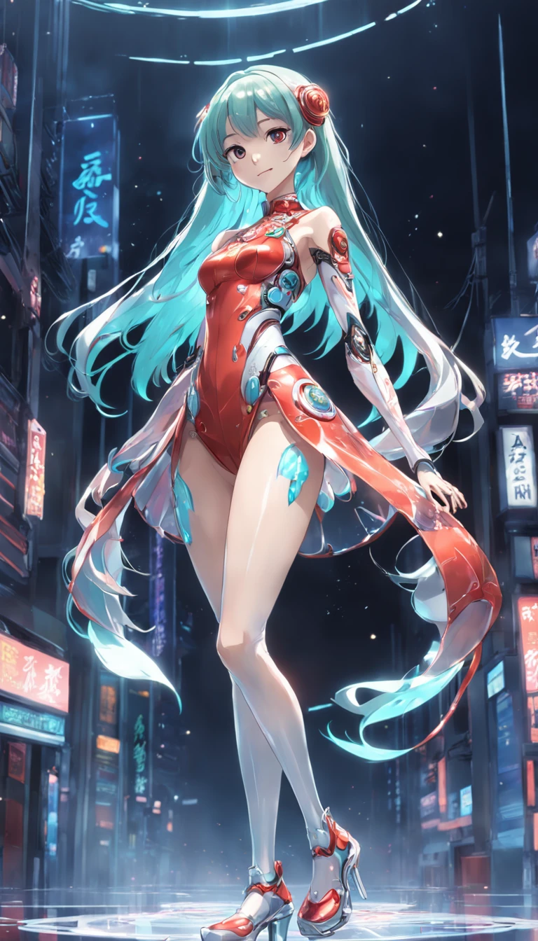 hatsune miku,  outfit-inori, back-to-back,1girl, solo,green eyes, breasts, large breasts, cityscape,  <lora:outfit-inori-pynoise:1>