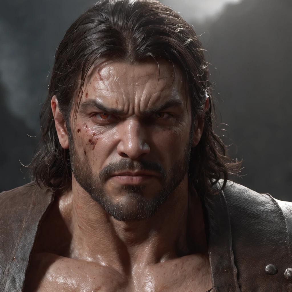 (professional 3d render:1.3) af (Realistic:1.3) most beautiful artwork photo in the world，Features soft and shiny male heroes, ((Epic hero fantasy muscle man rough wet hero angry look long hair short beard and ferocious expression in dynamic pose, Fantastic location, Majestic cluttered environment)), full body 8k unity render, action  shot, skin pore, very dark lighting, heavyshading, Detailed, Detailed face, (vibrant, photograph realistic, Realistic, Dramatic, Dark, Sharp focus, 8K), (Old leather garments damaged by weathering:1.4), ((((Wear fur)))), (Intricate:1.4), decadent, (Highly detailed:1.4), Digital painting, rendering by octane, art  stations, concept-art, smooth, Sharp focus, illustration, Art germ, (loish:0.23), wlop ilya kuvshinov, and greg rutkowski and alphonse mucha gracias, (Global illumination, Studio light, volumettic light), heavy rain, particles floating, lotr, fantasy, elf, full bodyesbian, ((Dark and ancient city background:1.3)),CGSesociety,art  stations, naked