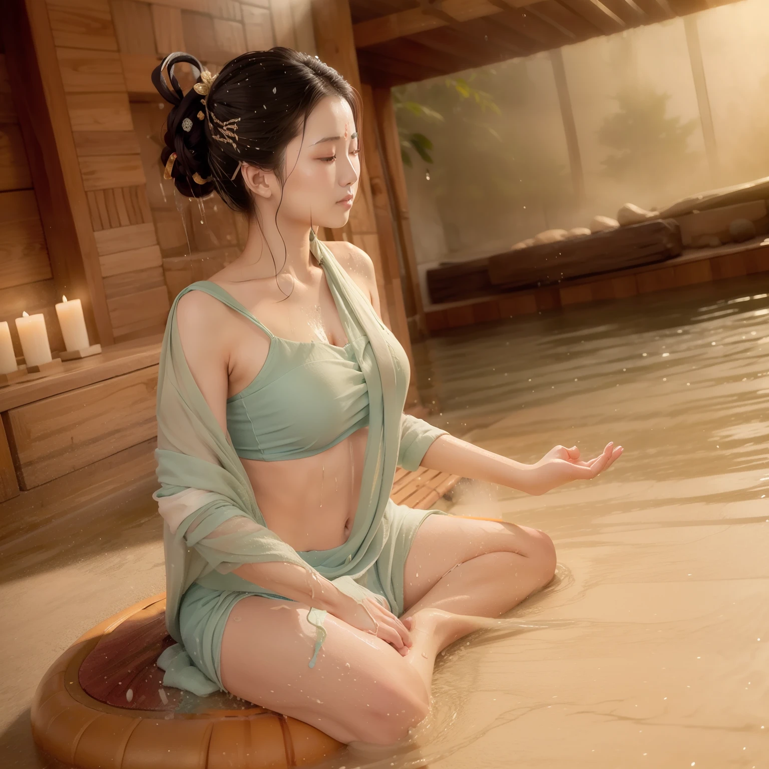 Zen beauty soaked in sweat doing yoga lotus sitting meditation in a large rain of  ，（Complete, Delicate and good-looking face），Shower all over your body