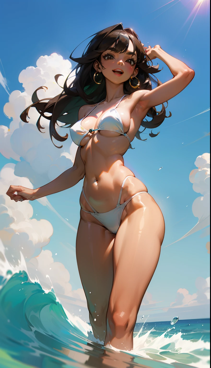 a brazilian woman, perfect anatomy, dark skin, light brown eyes, perfect, eyebrows, nose, normal ears, open mouth smiling, teeth, lips, big straight hair, hair details, bangs, locks, neck, shoulders, big chest , perfect belly, thin waist, thick legs, thick thighs, white bikini, standing, background scenery, no bad, water everywhere, water on the ground, ultra detailed water, waves, flying water, clear green water, beautiful day , clouds, sun, lighting, viewer view