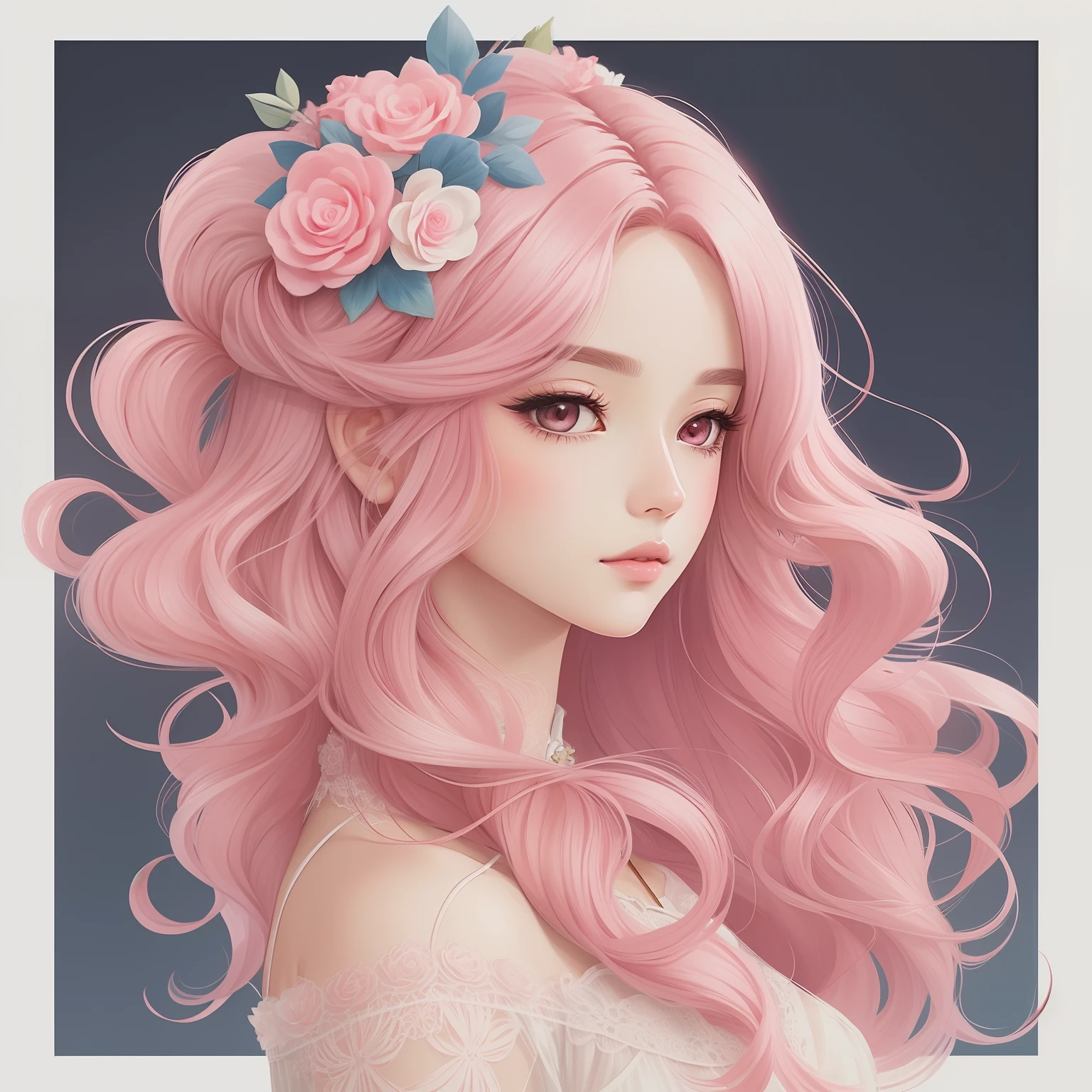 um desenho de uma mulher com cabelo rosa e rosas no cabelo, trending on artstration, Cabelo rosa, No estilo de arte de Bowater, a beautiful artwork illustration, Beautiful digital illustration, Estilo de desenho bonito, rosas no cabelo, cabelo rosa encaracolado, lindo arte digital, Estilo de arte anime bonito, estilo de arte loish, exquisite digital illustration, estilo de arte impressionante