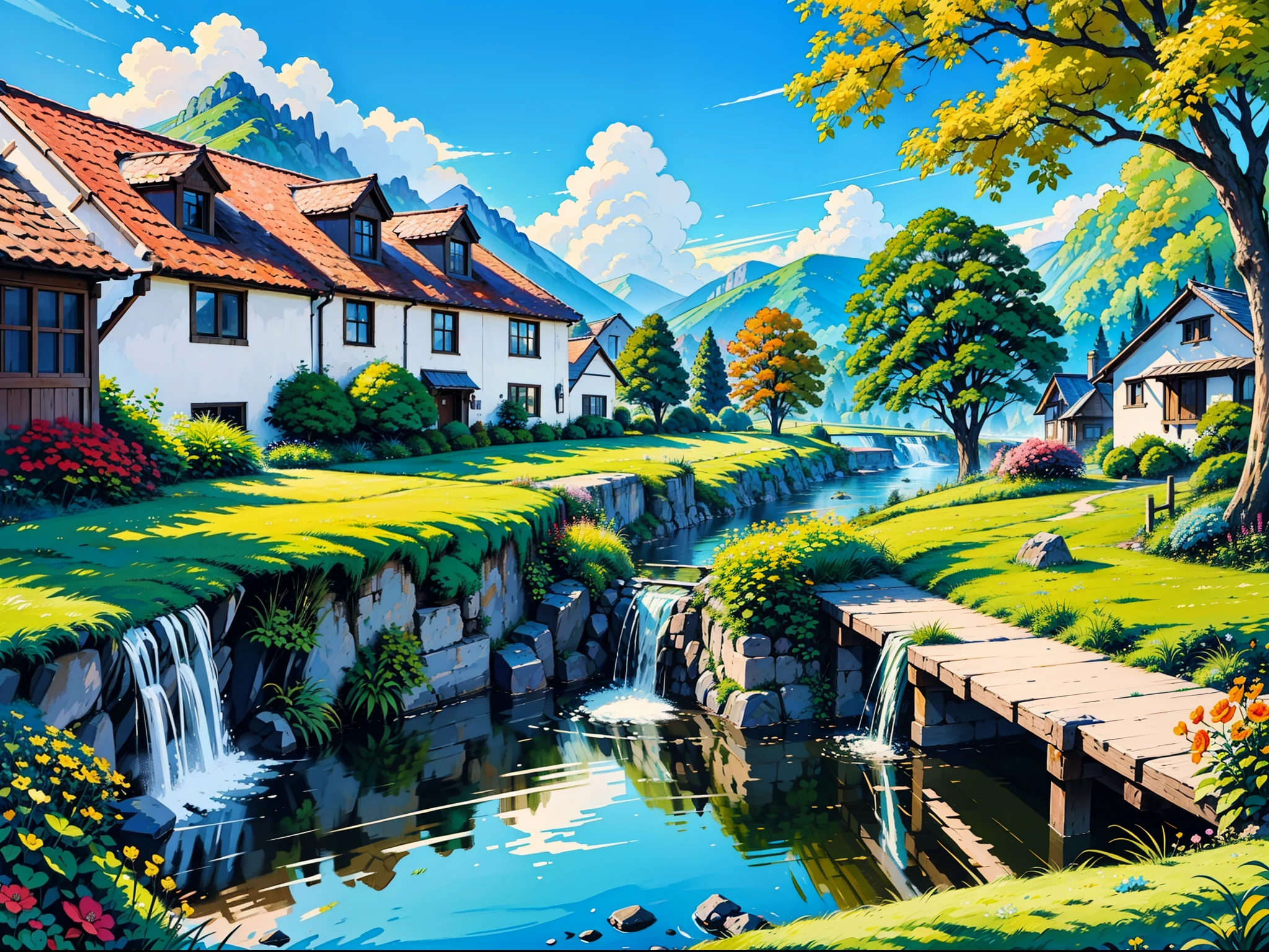 Draw a house and a stream in a beautiful landscape, scenery art detailed, landscape artwork, rich picturesque colors, Beautiful art UHD 4 K, Detailed painting 4 K, detailed scenic view, colorful landscape painting, vibrant gouache painting scenery, beautiful detailed scene, Detailed landscape, A beautiful artwork illustration, Detailed scenery —width 672, 8K detailed art