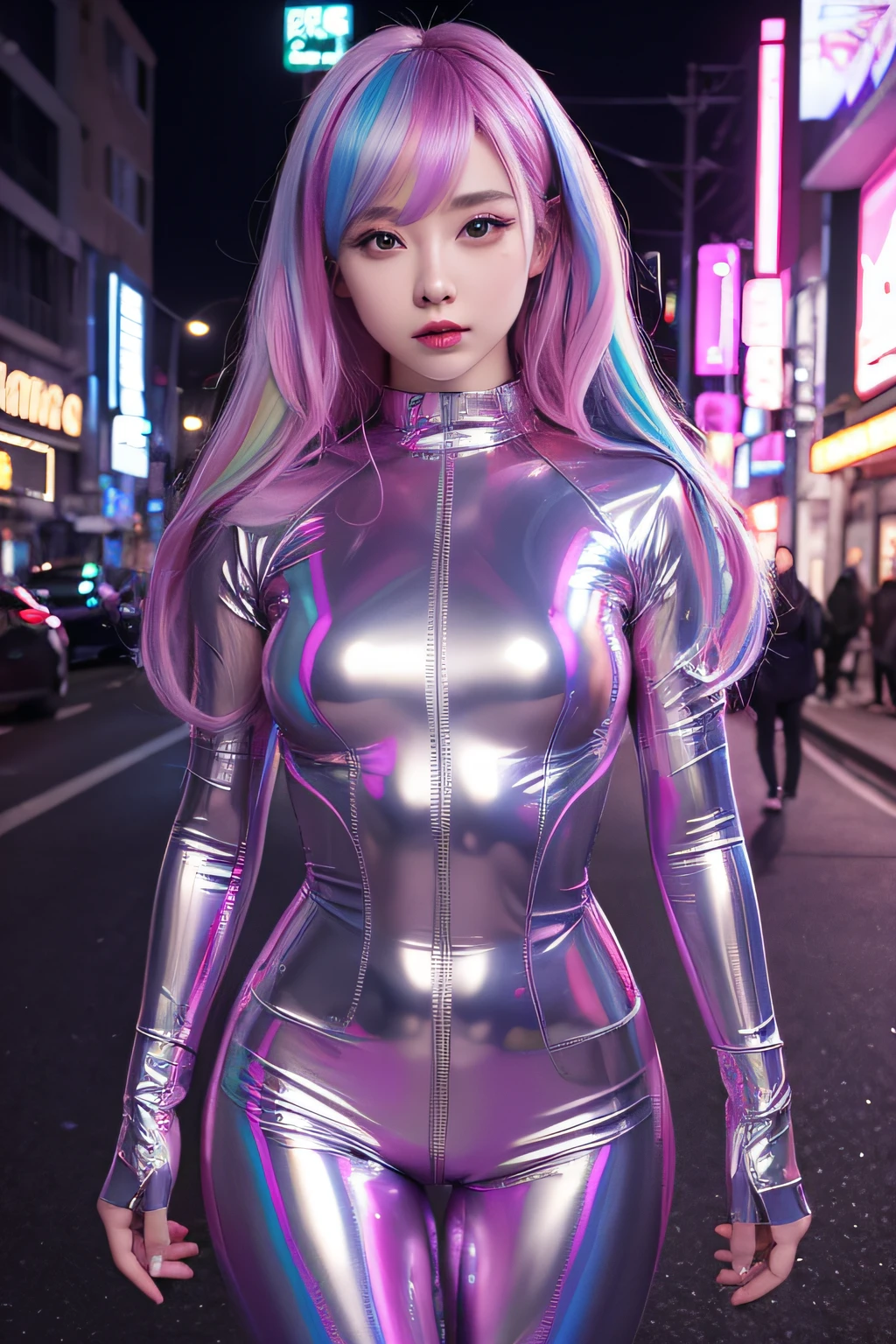 ８K、, inflatable, Woman in transparent vinyl latex) shinny skin、fully body photo、Outstanding body style、Metallic Rainbow Hair、Futuristic City Night View Background