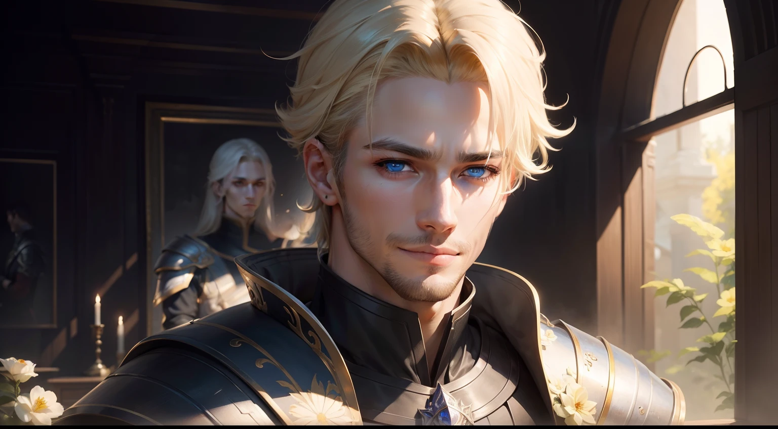 ((masterpiece:1.2、top-quality))、((Two men))、blonde hair、blue eyess(a handsome:1.4)、full body Esbian:1.3、校服、royalty、Black Knight、Short black hair、Golden Eyes、Scar on the right eye、Black Armor、Fantasia、blooming flowers、sunlights、Fantastic Light and Shadow、landscapes、extra detailed face、portraitures、A smile