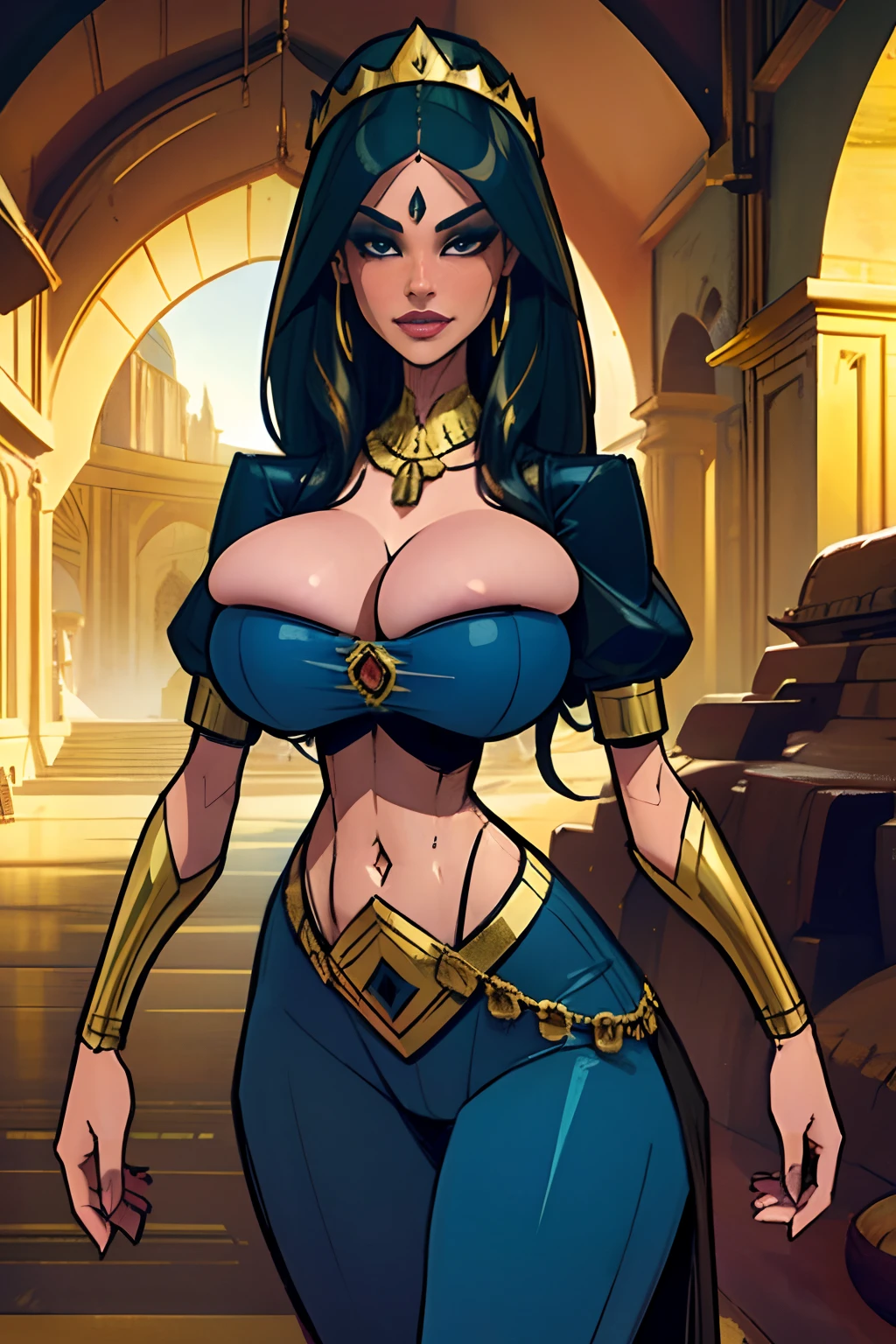 (masterpiece, top quality, best quality, official art, beautiful and aesthetic:1.2), (1girl:1.3), long wavy black hair, tanned skin, extremely detailed, portrait, looking at viewer, solo, (full body:0.6), detailed background, close up, mischievous eyes, (hot summer desert Arabia theme:1.1), Persian duelist woman, dark makeup, charlatan, smirk, mysterious, walking in desert, revealing blue and gold and sapphire Arabian harem girl attire, poofy blue pants, tight tube top, jewelry, armlets, elaborate necklaces, blue fabric, gold jewelry, precious stones, scimitar, curved sword, gigantic breasts, cleavage, skindentation, slim waist, slim hips, long legs, ancient (Arabian palace exterior:1.1) background, dark mysterious lighting, shadows, magical atmosphere, dutch angle, (((balsamique)))