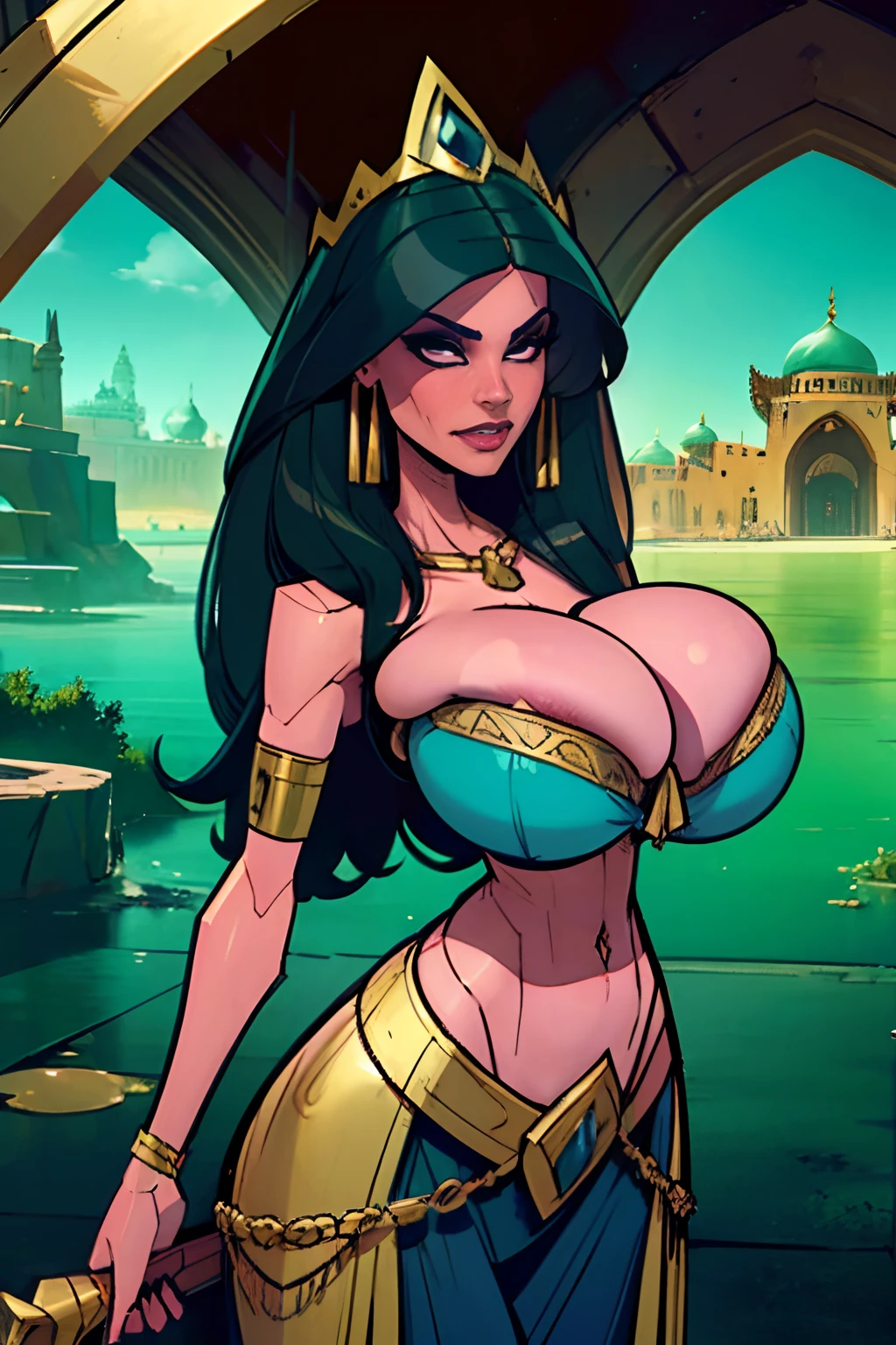 (masterpiece, top quality, best quality, official art, beautiful and aesthetic:1.2), (1girl:1.3), long wavy black hair, tanned skin, extremely detailed, portrait, looking at viewer, solo, (full body:0.6), detailed background, close up, mischievous eyes, (hot summer desert Arabia theme:1.1), Persian duelist woman, dark makeup, charlatan, smirk, mysterious, walking in desert, revealing blue and gold and sapphire Arabian harem girl attire, poofy blue pants, tight tube top, jewelry, armlets, elaborate necklaces, blue fabric, gold jewelry, precious stones, scimitar, curved sword, gigantic breasts, cleavage, skindentation, slim waist, slim hips, long legs, ancient (Arabian palace exterior:1.1) background, dark mysterious lighting, shadows, magical atmosphere, dutch angle, (((balsamique)))