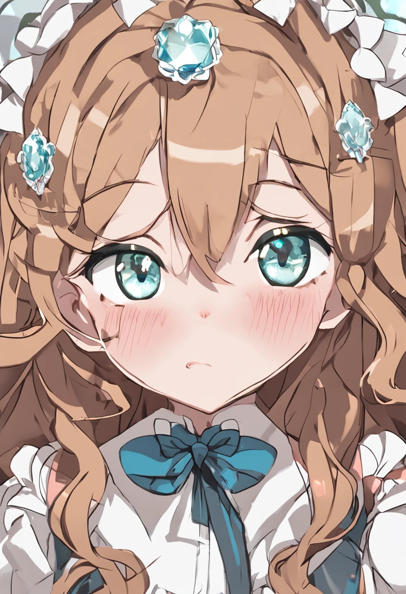 light brown hair, mole under mouth, maid headdress, shiny hair, hime cut, heart-shaped pupils, wince, tears, aqua eyes, crying with eyes open, kemonomimi mode, open mouth, shy, blush, sleepy, sad, tongue out, pain, crying, unconscious, moaning, heavy breathing, endured face, saliva trail, Surrealism, high detail, anime, anime style, chiaroscuro, cinematic lighting, ray tracing, stereogram, close-up, UHD, masterpiece, retina, ccurate, anatomically correct, textured skin, super detail, high details, high quality, award winning, best quality, highres, 16k
