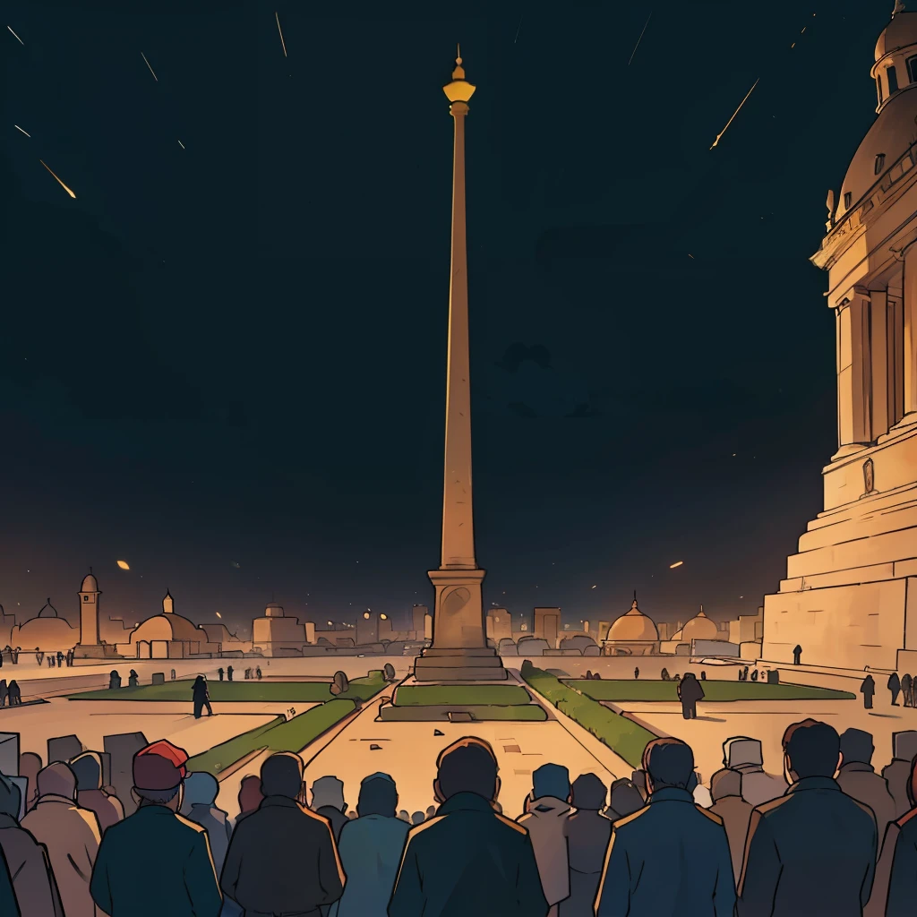 A large square was packed with people,,crowd of,It is surrounded by huge stone monuments