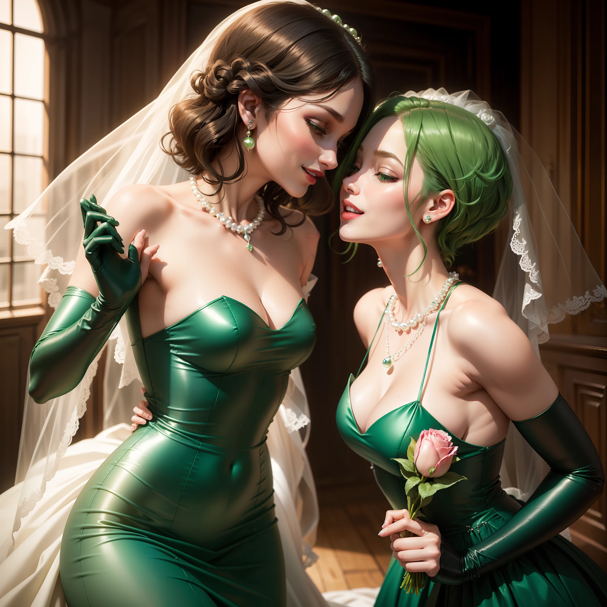 Green Pearl Necklace, Satin green long gloves, lipsticks, Green shorthair, satin, Green dress, bride, the kiss, A smile