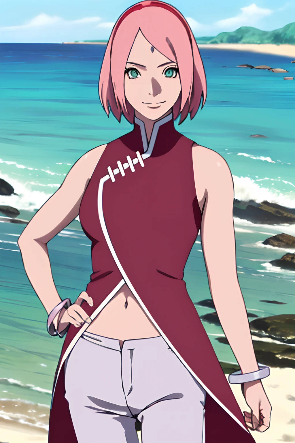 masterpiece, 1k, portrait, face shot, professional artwork, detailed beach background, intricate details, colorful, digital blending, (ultra detailed body, ultra detail hair, ultra detail face), trending on pixiv, kind smile, very hot color, best quality, anime style: 1.9, 1girl, hires, haruno sakura, contrasty lighting, (forehead mark, milf, red hairband, pale skin, short hair, ((red sleeveless dress), white pants), navel, groin, bracelet, looking at viewer, crossed arms, pink hair, green eyes, smile, beach, wind, floating hair, detailed arms, off-shoulders, slightly muscular arms, standing), sunnyday