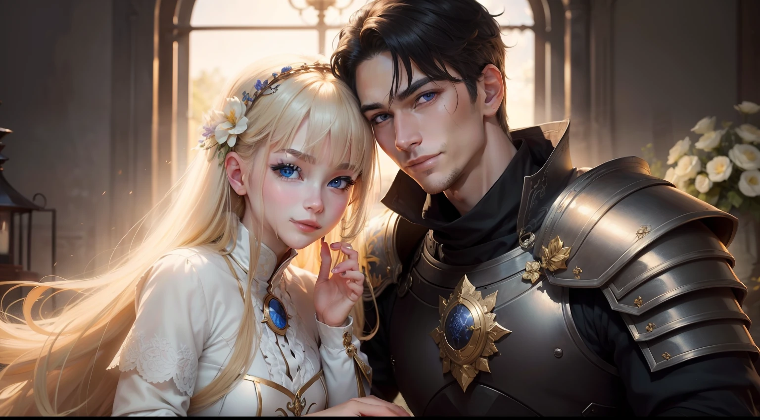 ((masterpiece:1.2、top-quality))、((Two men))、blonde hair、blue eyess(a handsome:1.4)、full body Esbian:1.3、校服、royalty、Black Knight、Short black hair、Golden Eyes、Scar on the right eye、Black Armor、Fantasia、blooming flowers、sunlights、Fantastic Light and Shadow、landscapes、extra detailed face、portraitures、A smile