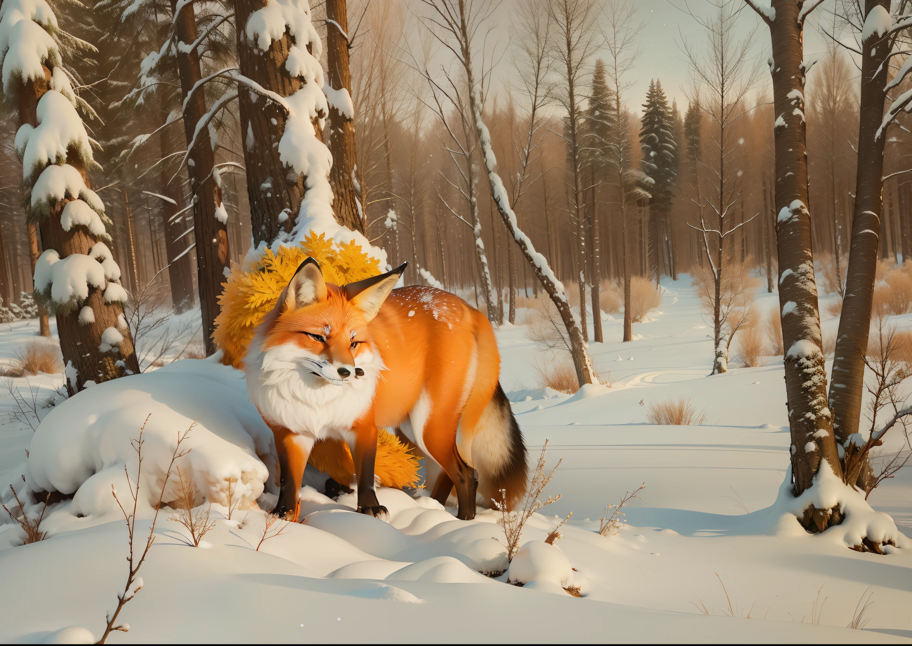A Red Fox listening, only two fox legs visible snow birch trees winter forest clear air slight hint of snowflakes in the air Listen- Red Fox in the style of Alvin Hepler