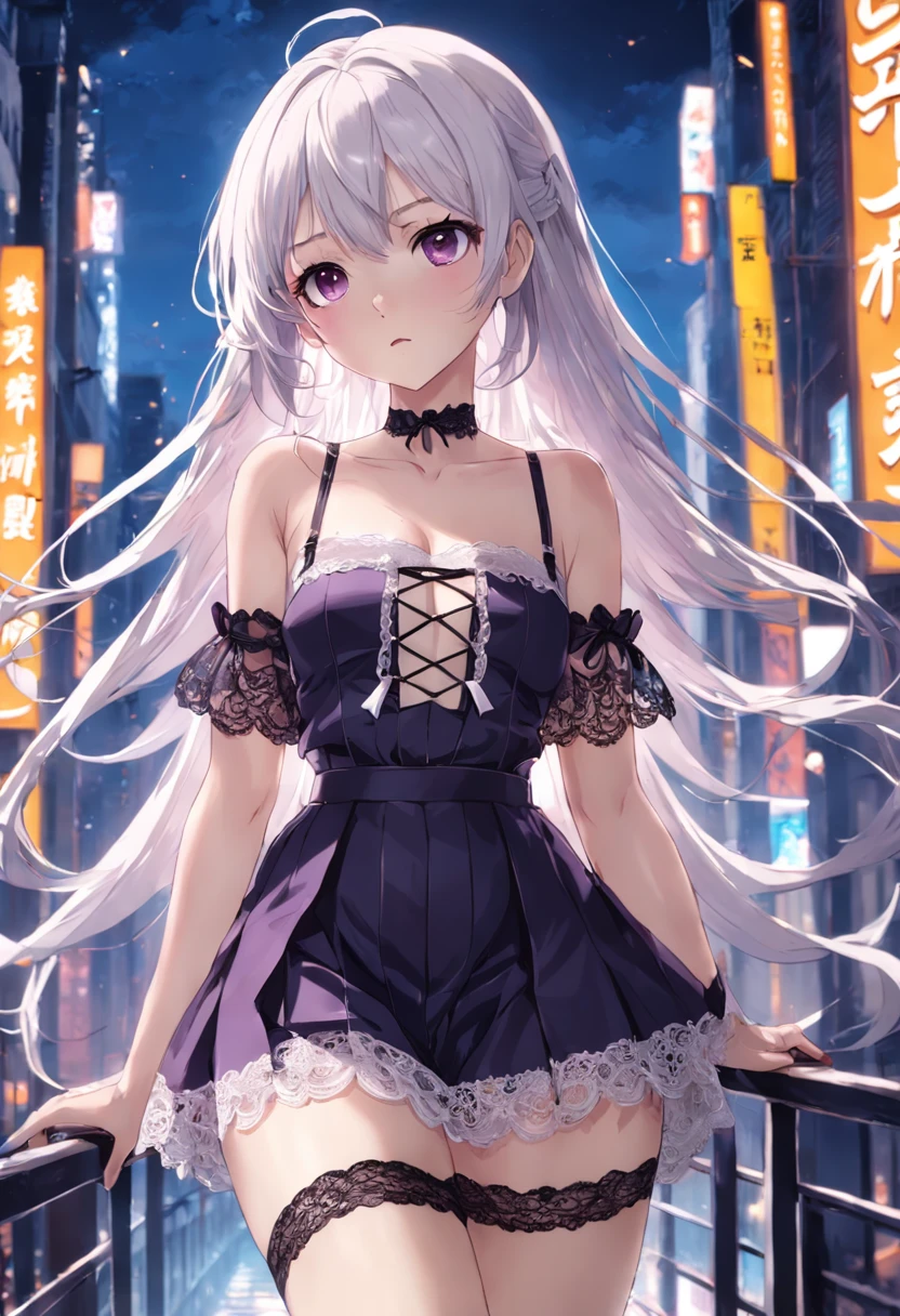 Slim strap design, lace trims, transparent elements, cross lace, leggings, short skirt, mesh stockings, suspenders,Black silk beautiful girl,White skin,hyper HD,Wallpapers,Purple pupils