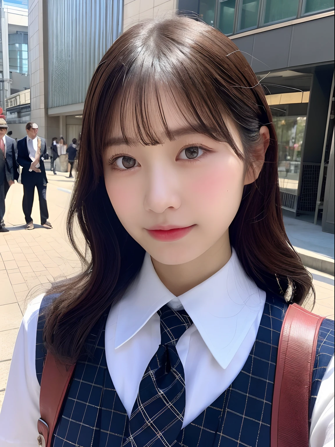 ((top-quality、8K、masterpiece:1.3))、foco nítido:1.2、Beautiful schoolgirl in perfect style:1.4、A slender、((A dark-haired、tits out:1.2))、gravure model、(natural soft light、street snap、TOKYOcty、Harajuku:1.1)、Highly detailed facial and skin texture、A detailed eye、二重まぶた、Sweaty、A sexy、((Uniform 1.5))、jk suit plaid skirt pleated skirt shirt bowtie