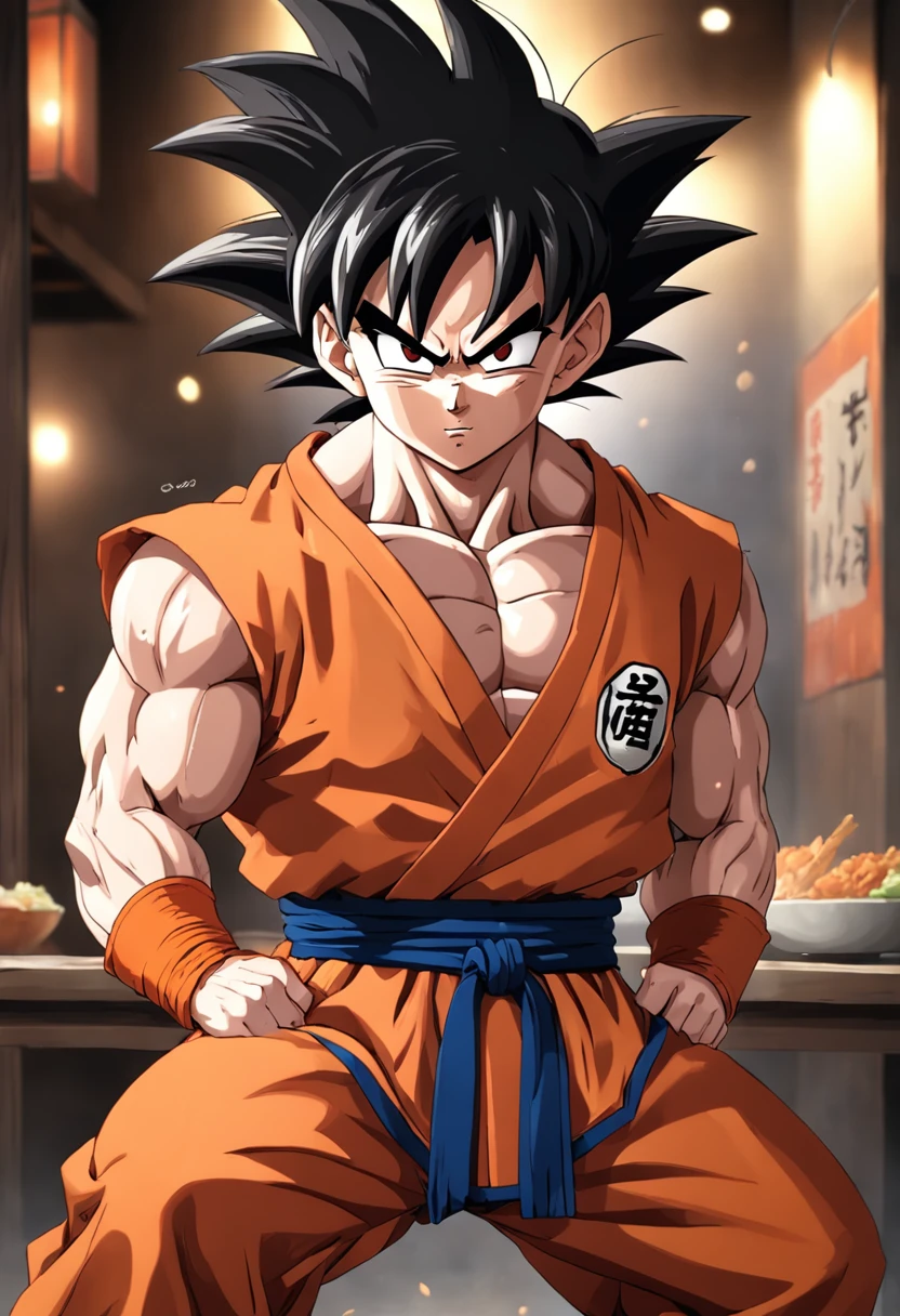 Dragon Ball Goku，Great ape, full body portrait，of a real，Facial features are carefully depicted，Realistic skin texture，Dark style，depth of fields，high light，Real light，Ray traching，oc rendered，Hyper-realistic，best qualtiy，8K，Works of masters，super-fine，Detailed pubic hair，Correct anatomy，sharp focus on eyes，facial features are carefully depicted. Goku Disfrutando de Fideos Chinos en un Restaurante" Description: En un restaurante acogedor con toques orientales, Goku, el famoso guerrero saiyajin, se encuentra en la cocina, rodeado de aromas deliciosos. Dressed in his iconic martial arts uniform, Goku is in a kitchen counter con un plato de tallarines chinos, mientras sostiene los palillos con destreza. With a smile of anticipation, Goku se dispone a saborear los fideos con entusiasmo. His fellow Z warriors meet at a nearby table, Observing with amusement his encounter with terrestrial cuisine. Behind him, los chefs del restaurante, ataviados con sus uniformes tradicionales, They watch with admiration the legendary fighter as he enjoys the meal. The atmosphere is full of warmth and camaraderie, despite the epic adventures that Goku and his friends regularly face. Soft lighting enhances the scene, making the colors of the ingredients and the decoration of the restaurant shine with a cozy luminosity. La imagen captura un momento inusual y relajado en la vida de Goku, showing his most human side while enjoying an earthy meal in the midst of his amazing exploits.