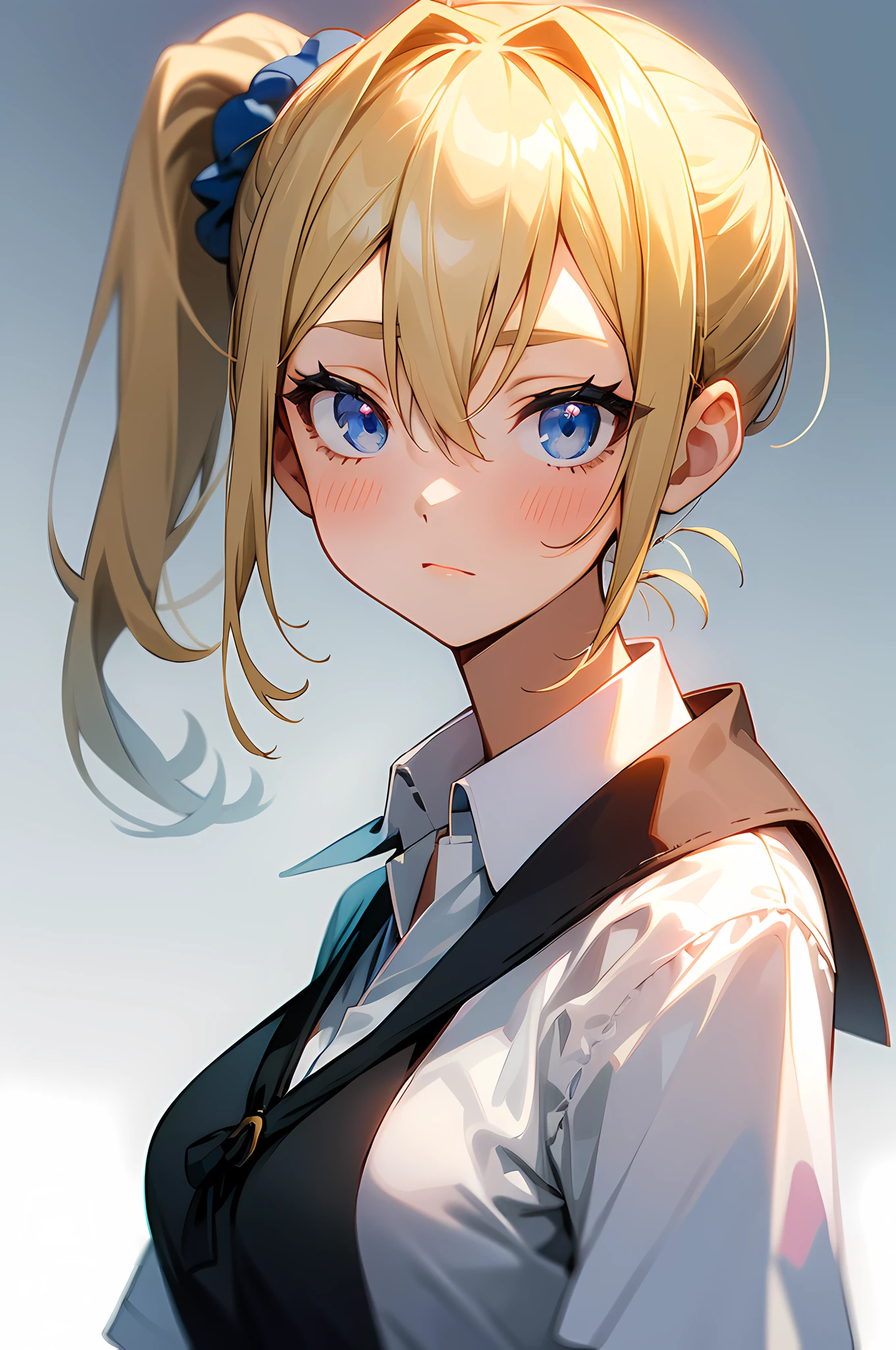 masterpiece, best quality, AiHayasakaV4, 1girl, solo, breasts, looking at viewer, blush, bangs, blue eyes, blonde hair, simple background, shirt, hair ornament, white background, hair between eyes, jewelry, closed mouth, school uniform, white shirt, upper body, collared shirt, necklace, side ponytail, scrunchie, hair scrunchie, blue nails, blue scrunchie, shuuchiin academy school uniform