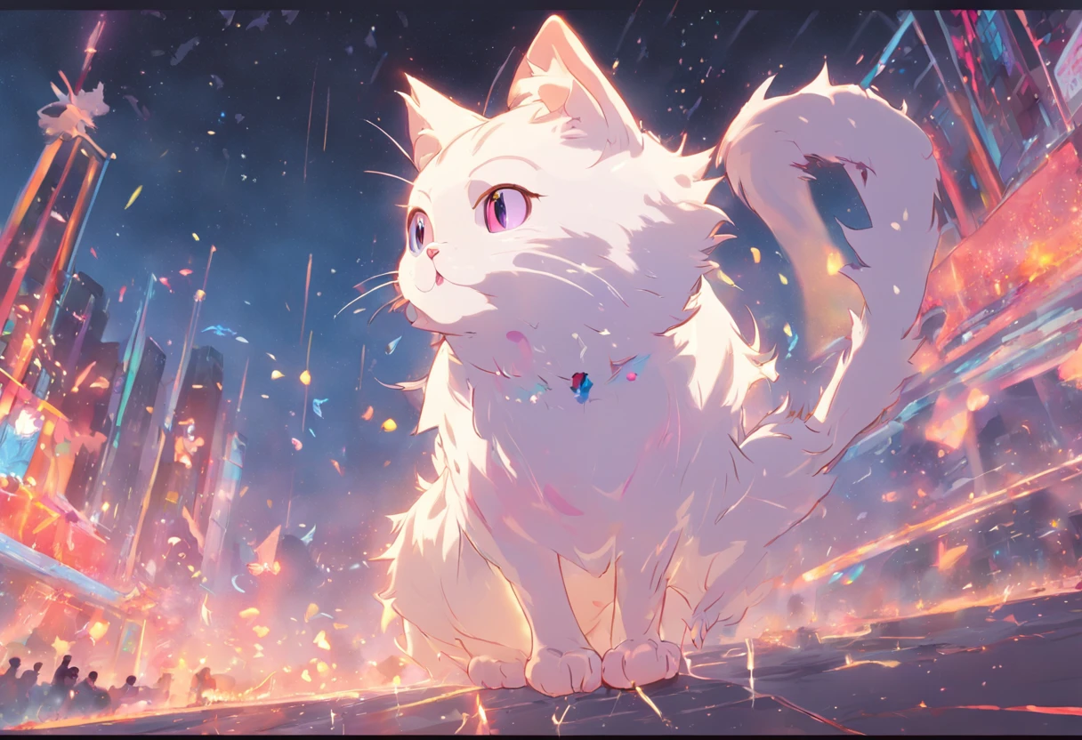 a cartoon white cat, float in the air, rainbow backround, Sakura around, high detail, cinematic lighting, motion blur, chromatic aberration, UHD, masterpiece, super detail, high details, high quality, award winning, best quality, highres