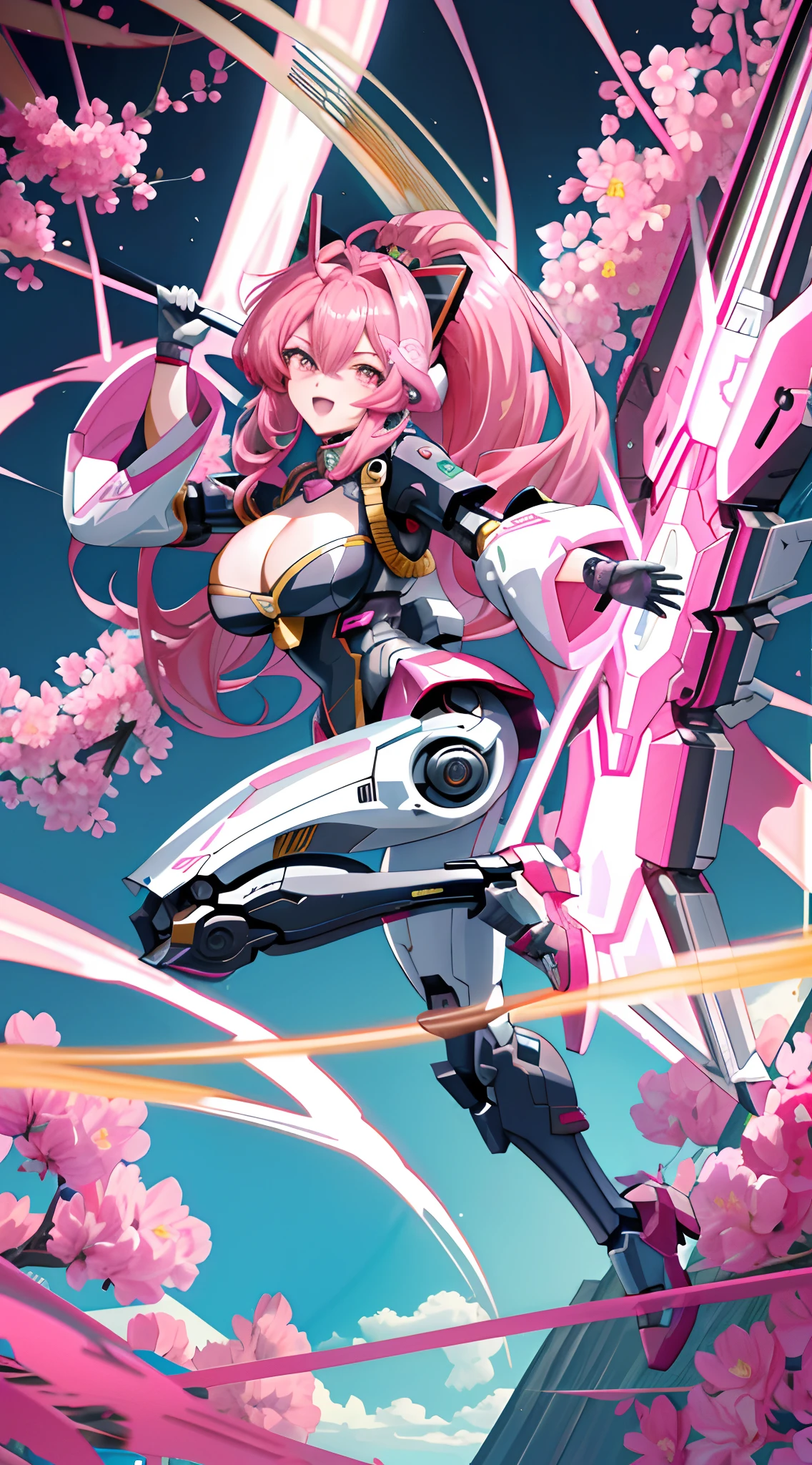 There is a close-up of a robot，with pink flowers on it，anime mecha aesthetic，ethereal and mecha theme，best anime 4k Konachang wallpapers，many mechflowers，mecha asthetic，Anime wallpaper 4 k，Anime wallpaper 4K，8k high quality detail art，anime robotic mixed with organic，4k anime wallpapers，Large bust，big breasts exposed cleavage，Flame it up，Thighs exposed，Full body like，Eyeballs rolled up，Mouth open，Very wide open mouth