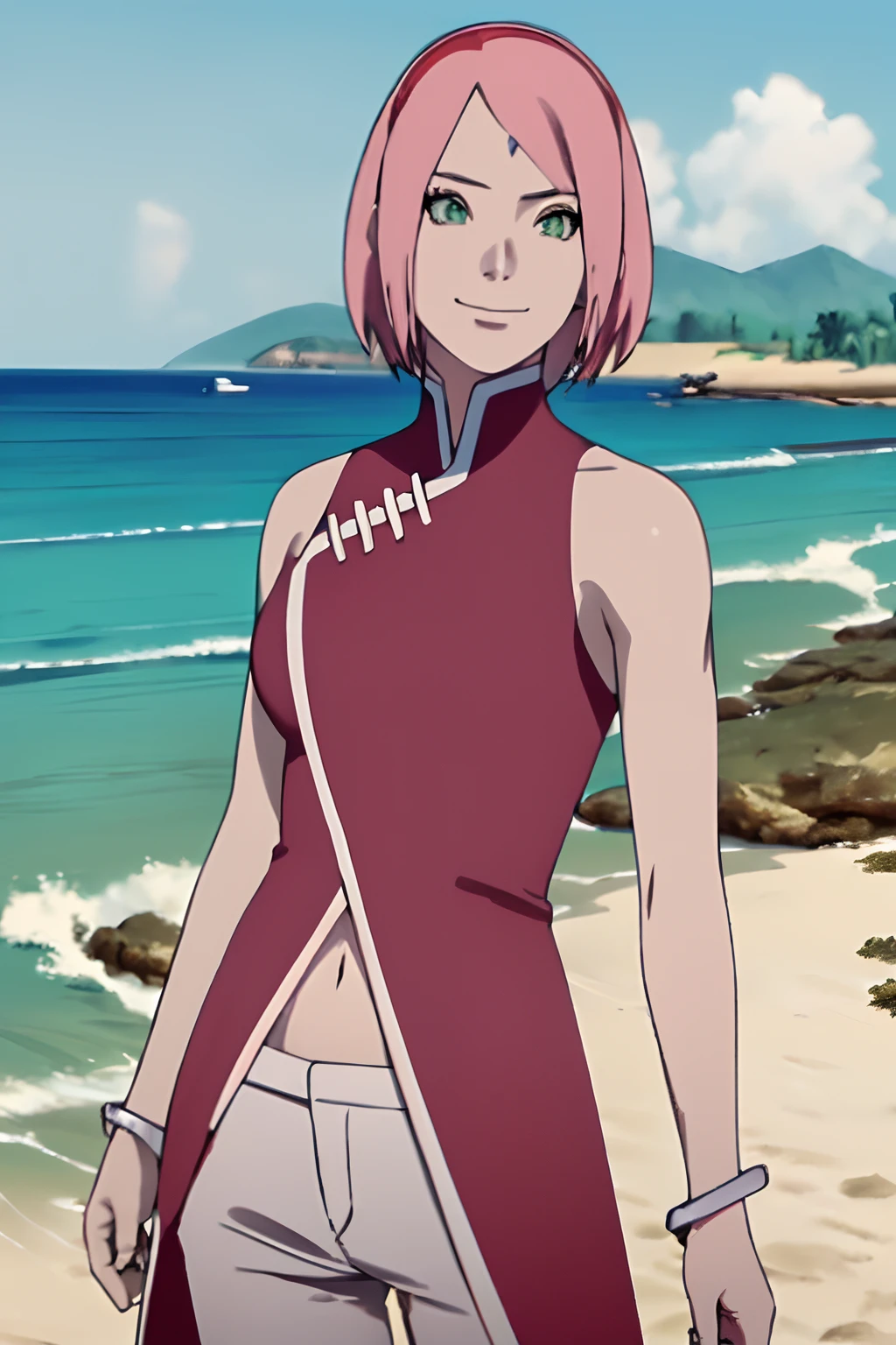 masterpiece, 1k, portrait, face shot, professional artwork, detailed beach background, intricate details, colorful, digital blending, (ultra detailed body, ultra detail hair, ultra detail face), trending on pixiv, kind smile, very hot color, best quality, anime style: 1.9, 1girl, hires, haruno sakura, contrasty lighting, (forehead mark, milf, red hairband, pale skin, short hair, ((red sleeveless dress), white pants), navel, groin, bracelet, looking at viewer, crossed arms, pink hair, green eyes, smile, beach, wind, floating hair, detailed arms, off-shoulders, slightly muscular arms, standing), sunnyday