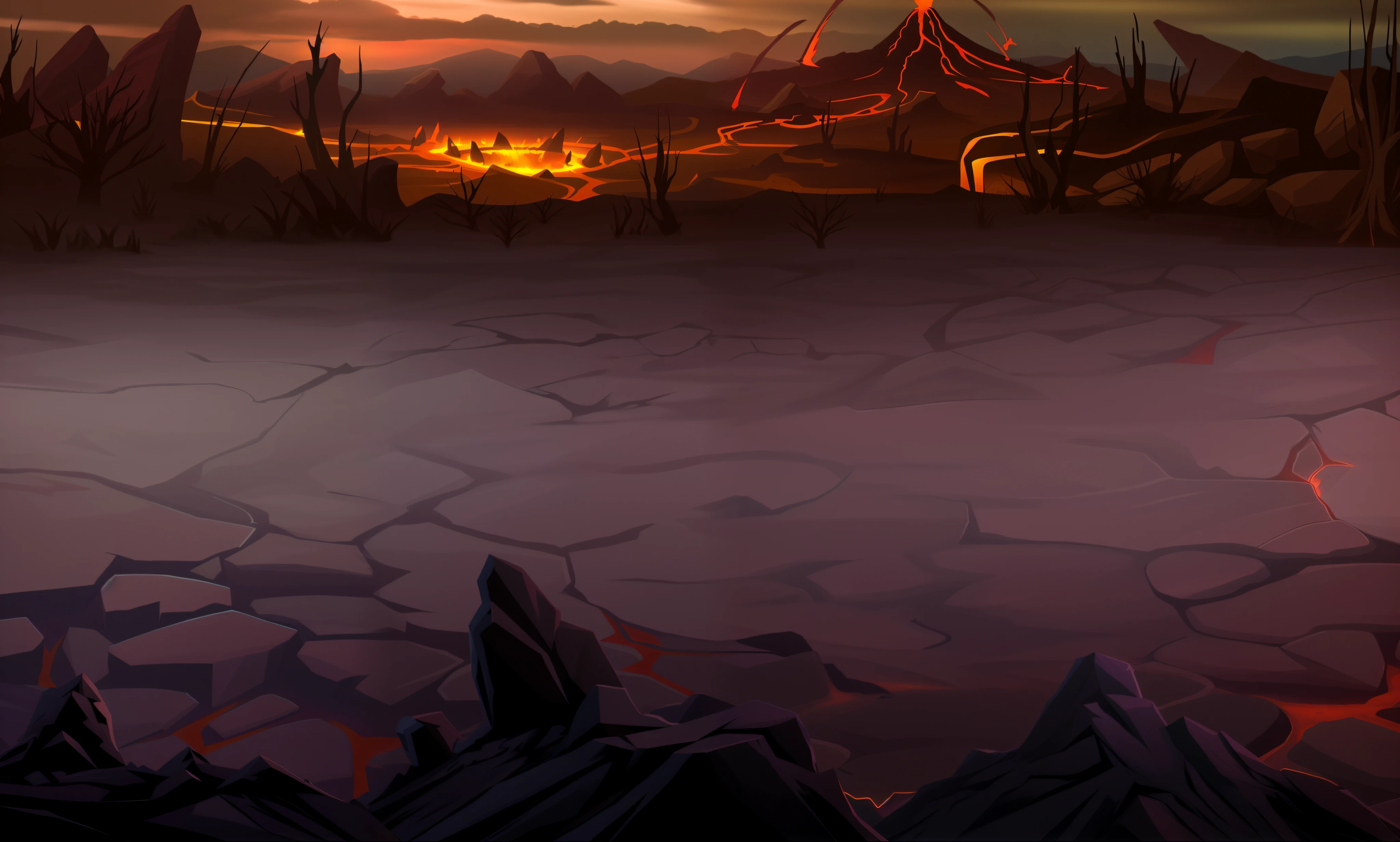 Cartoon scene of volcano，The background is lava and lava, background artwork, Hell background, valley of the damned background, volcanic workshop background, Dark desert background, dark volcano background, bloodbath battlefield background, arte de fundo, Burning battlefield background, arena background, 2 D game art background, ! apocalypse landscape!!, Hellfire background, volcano background, Scorched desert