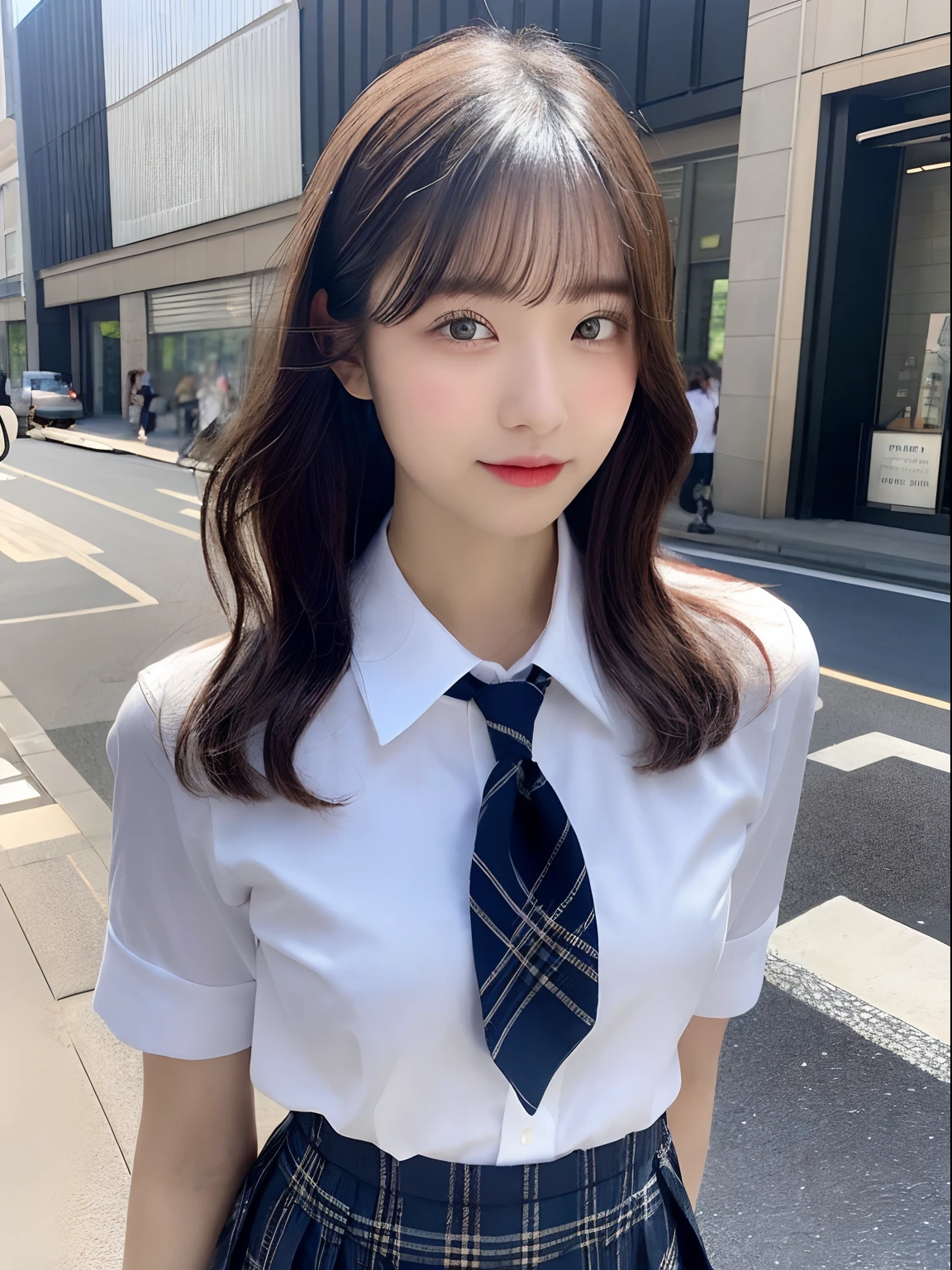 resolution, 1 girl, Watching the audience,Young beautiful Japanese woman, Super cute face, Gorgeous appearance, big breasts,Long Bob Hair,smile,(school uniform:1.3),Beautiful Eyes,(It&#39;s windy:1.3), 混雑した道をsmileで歩く,Glossy lips, Double eyelids on both eyes, Natural Makeup, Long eyelashes, 艶やかで滑らかなライトブラウンのLong Bob Hair, Asymmetrical bangs, Glowing Skin, Center image, 高resolution, High Detail, Detailed hairstyle, Detailed face, Great cinema lighting, Octane Rendering, Vibrant, Surreal, Perfect limbs, Perfect Anatomy, Spreading hair、Slender beauty:1.4、((Saggy breasts:1.4))、Chest exposed、slim abs、Curved Waist、(smile:1.2) 、(Pleated kirt lifted:1.2))、Slender and long beautiful legs、Open your feet wide、(Sheer black stockings:1.2)、(No underwear、Beautiful pussy exposed、Open up:1.2、pussy creampie、pubic hair:1.4)、(From below:1.2)、Backlight、