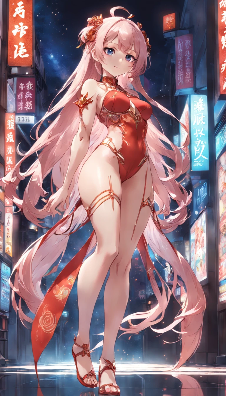 (full body shot of:1.4), space art, Waka Inoue、Big ass、large full breasts、1 cheongsam woman,Standing posture,Transparent robot arm,Slender figure,perfectly proportions,Delicate hair accessories, Smile,Transparent Mechanical Shoes, Oriental elements, ( Bokeh),High quality,4K,。.。.。.3D
