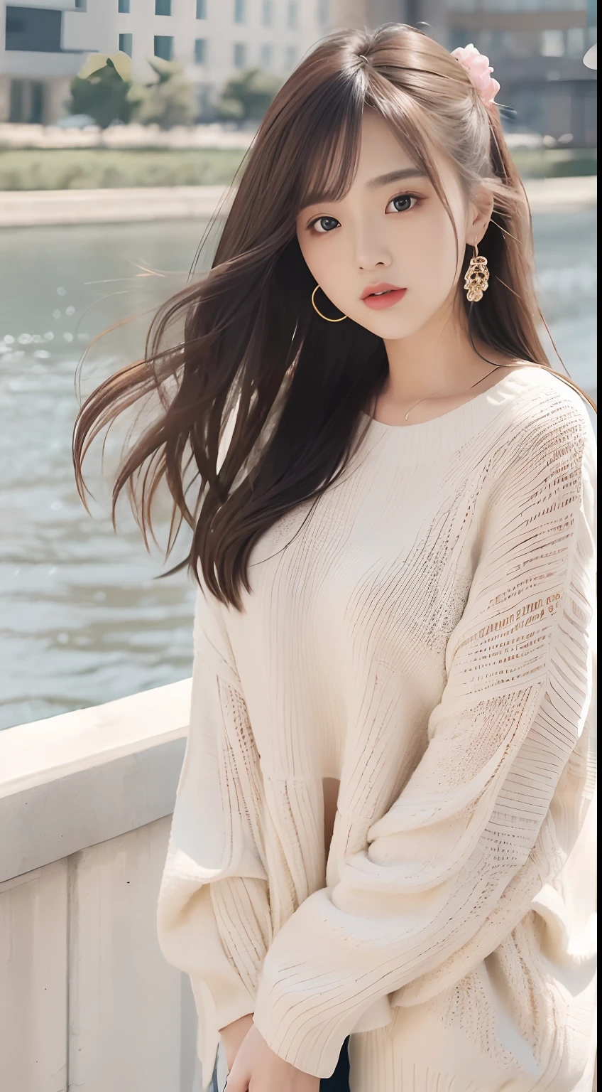 1girl walking on the river, mix4, sweater, pillow, lips, open_mouth, realistic, photo_\(medium\), solo, stuffed_animal, stuffed_toy, teddy_bear, (masterpiece), (realism: 1.3), super detailed, (High detail skin: 1.2), (Best quality: 1.0), (Ultra resolution: 1.0), (ULZZANG-6500: 0.3), wavy detail hair, long hair, sunshine, (beautiful detail makeup), (sexually aroused blush, heavy breath: 1.0), floral theme petals scattered, (soft light bloom: 0.5)