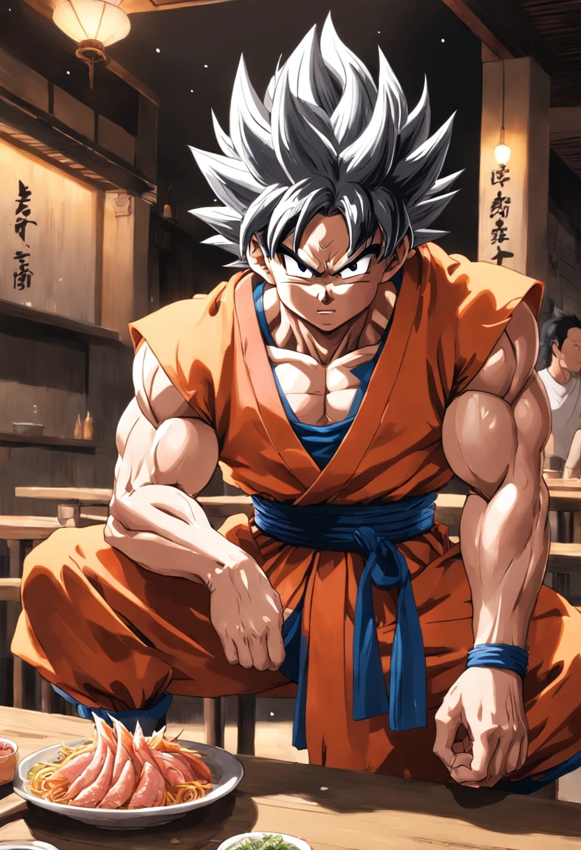 Dragon Ball Goku,Great ape, full body portrait,of a real,Facial features are carefully depicted,Realistic skin texture,Dark style,depth of fields,high light,Real light,Ray traching,oc rendered,Hyper-realistic,best qualtiy,8K,Works of masters,super-fine,Detailed pubic hair,Correct anatomy,sharp focus on eyes,facial features are carefully depicted. Goku Disfrutando de Fideos Chinos en un Restaurante" Description: En un restaurante acogedor con toques orientales, Goku, el famoso guerrero saiyajin, se encuentra en la cocina, rodeado de aromas deliciosos. Dressed in his iconic martial arts uniform, Goku is in a kitchen counter con un plato de tallarines chinos, mientras sostiene los palillos con destreza. With a smile of anticipation, Goku se dispone a saborear los fideos con entusiasmo. His fellow Z warriors meet at a nearby table, Observing with amusement his encounter with terrestrial cuisine. Behind him, los chefs del restaurante, ataviados con sus uniformes tradicionales, They watch with admiration the legendary fighter as he enjoys the meal. The atmosphere is full of warmth and camaraderie, despite the epic adventures that Goku and his friends regularly face. Soft lighting enhances the scene, making the colors of the ingredients and the decoration of the restaurant shine with a cozy luminosity. La imagen captura un momento inusual y relajado en la vida de Goku, showing his most human side while enjoying an earthy meal in the midst of his amazing exploits.