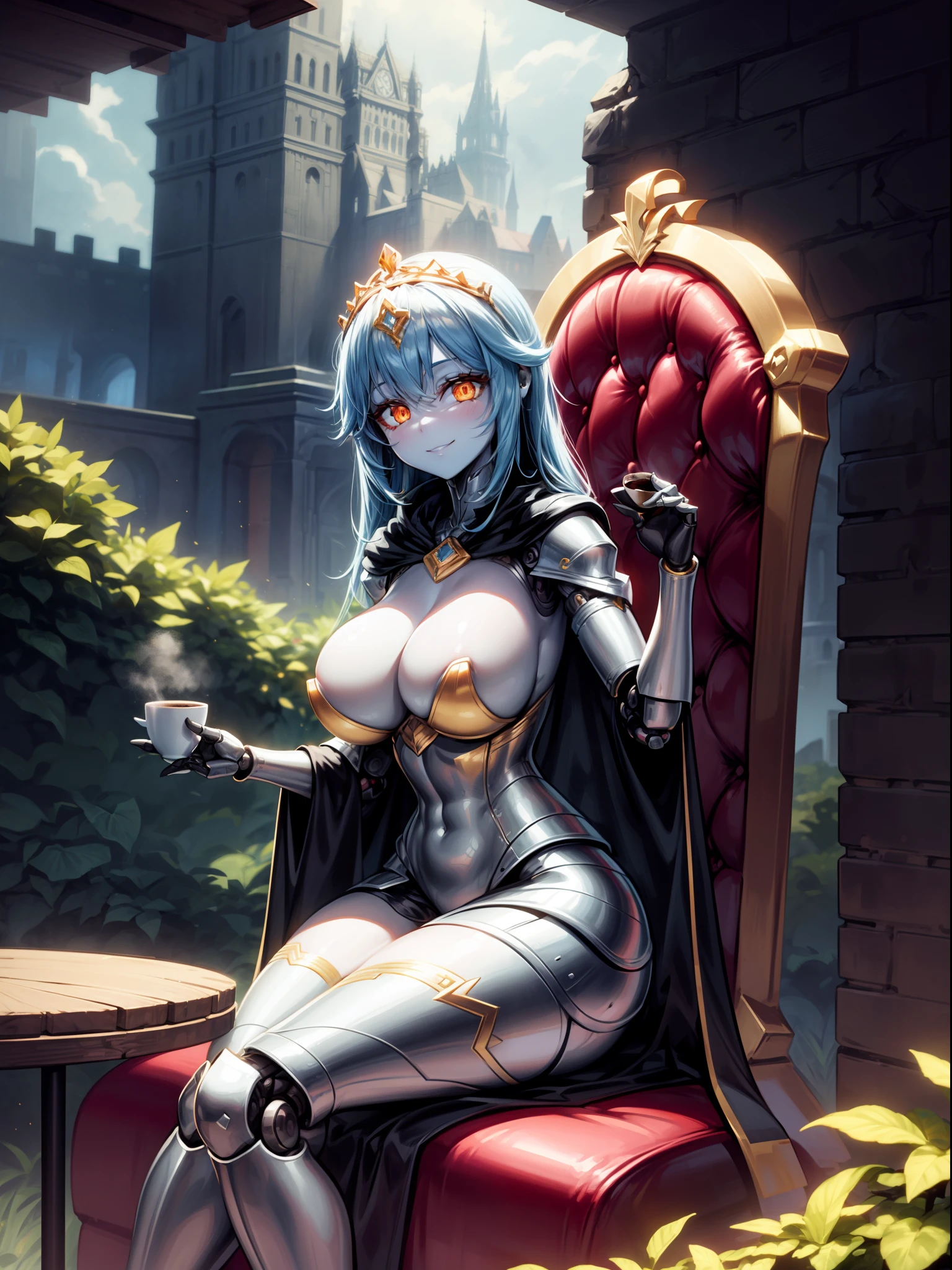 1girl,solo, robot girl, humanoid robot,robot joints, orange eyes,long hair, (colored skin),huge breasts,tiara, jewelry, armored dress,gold trim, sleeveles,cape,castle in background, (outdoors),garden,sitting,throne,(coffee cup in hand),table,looking at viewer, light smile