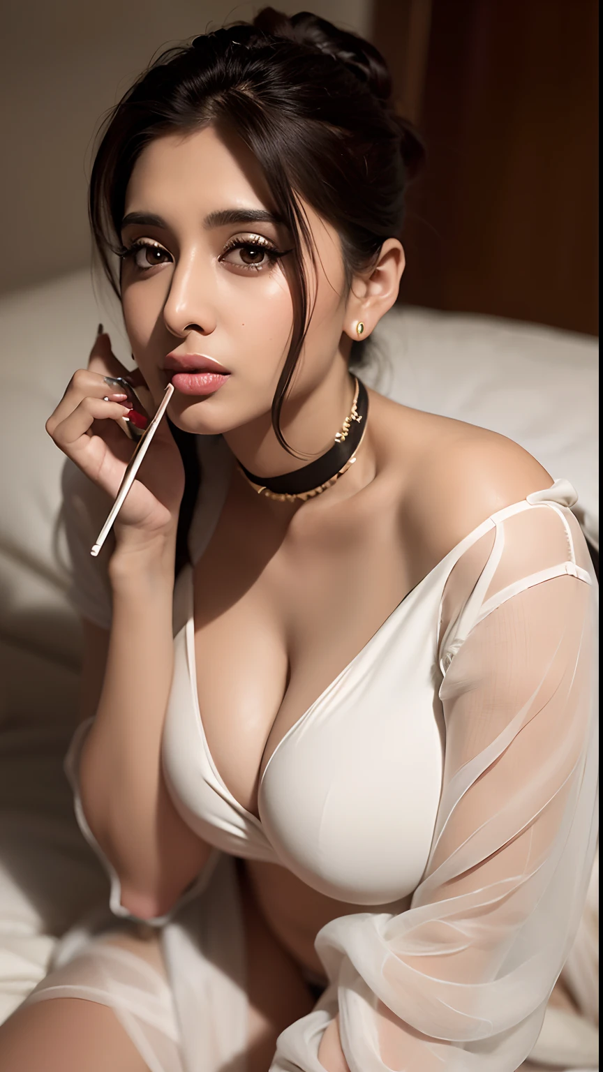 anusha basra in a white dress sitting on a bed, very seductive pose, realistic painting, very attractive and beautiful, photo realistic painting, very sexy pose, candid picture, realistic oil painting, candid photo, with a straw, a photorealistic painting, sexy movie photo, hypperrealistic painting, hyperrealistic picture, ultra realistic painting, sexy pose, photorealistic painting