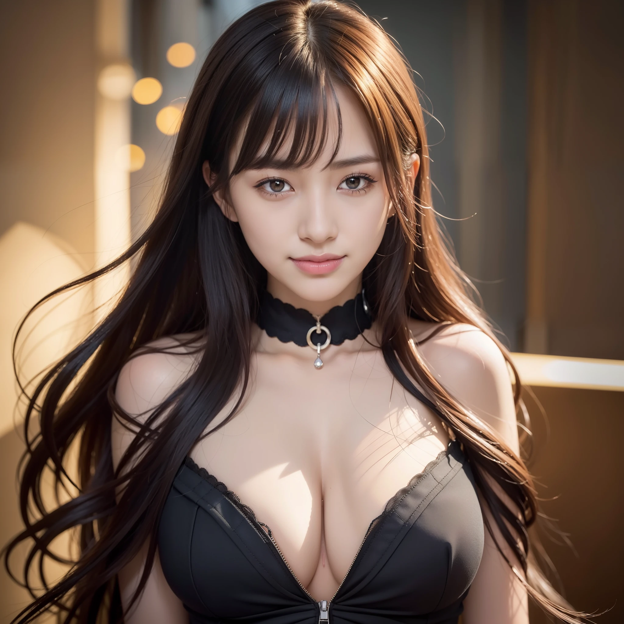 [(Hustleblad H6D-400c)], [(Medium Image)],[(Dreamy)],[(400 megapixels)], (Photorealistic:1.4), (RAW Photo:1.2), (8k), (Masterpiece:1.3), (Realistic), Ultra Detail, Illustration, very_high_realistic:1.5 ,very_high_resolution:1.5, HDR, CG, Unity, 8k wallpaper, amazing, fine detail, official art, highly detailed CG Unity 8k wallpaper, (highest quality), incredibly absurd, ultra detailed, light on the face, cinema lights, movie lighting, professional lighting, photon mapping, radiosity, physically based rendering, solo focus, sharp focus,
high resolution, very detailed, very delicate and beautiful, intricate details, facial muscles, beautiful detailed girl, natural makeup, highly detailed face, look away,

[(((Smile, happy, grinning, flustered)))],

1 girl, ((solo))), [(long black hair with bangs)], [(fine beautiful amber yellow eyes: 2), symmetrical pupils, very detailed pupils], shiny skin, show collarbones, perfect skin, (adult face: 1.2), (medium_breasts: 1.3), slim body, narrow waist, suitable body proportions, perfect body,
(business clothes)), [black cotton choker],
Color background,