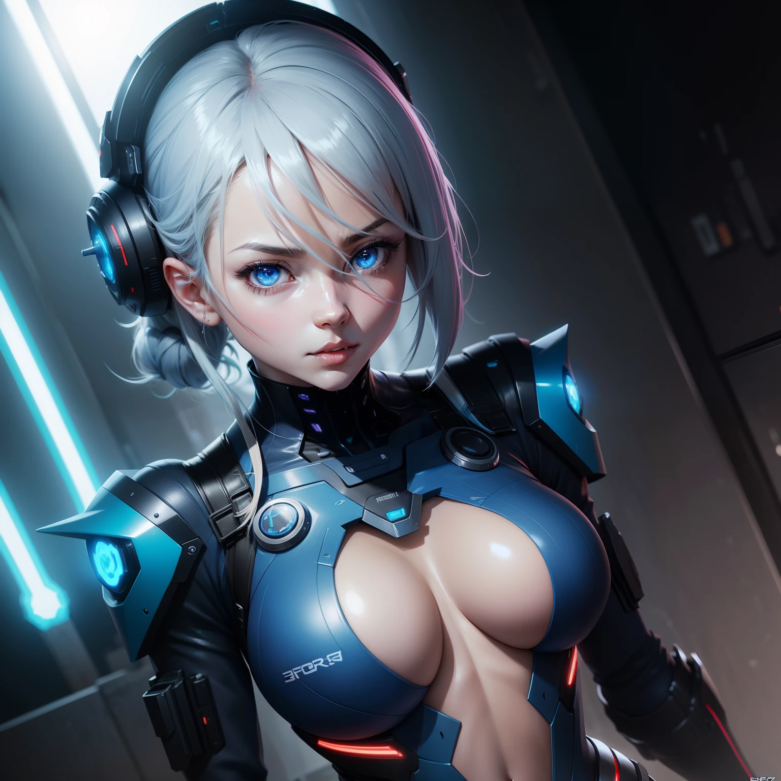 Anime characters with futuristic bodies and futuristic heads, cushart kenz, chest up bust shot, Bust Up Shot, 8k no blur, 2b, 2 b, an oppai cyberpunk, laser wip, Splash screen, Bust, promo art, blueshift render, hd screenshot, frostbite 3 rendered, Blue light shines, stylistic blur, pc screenshot