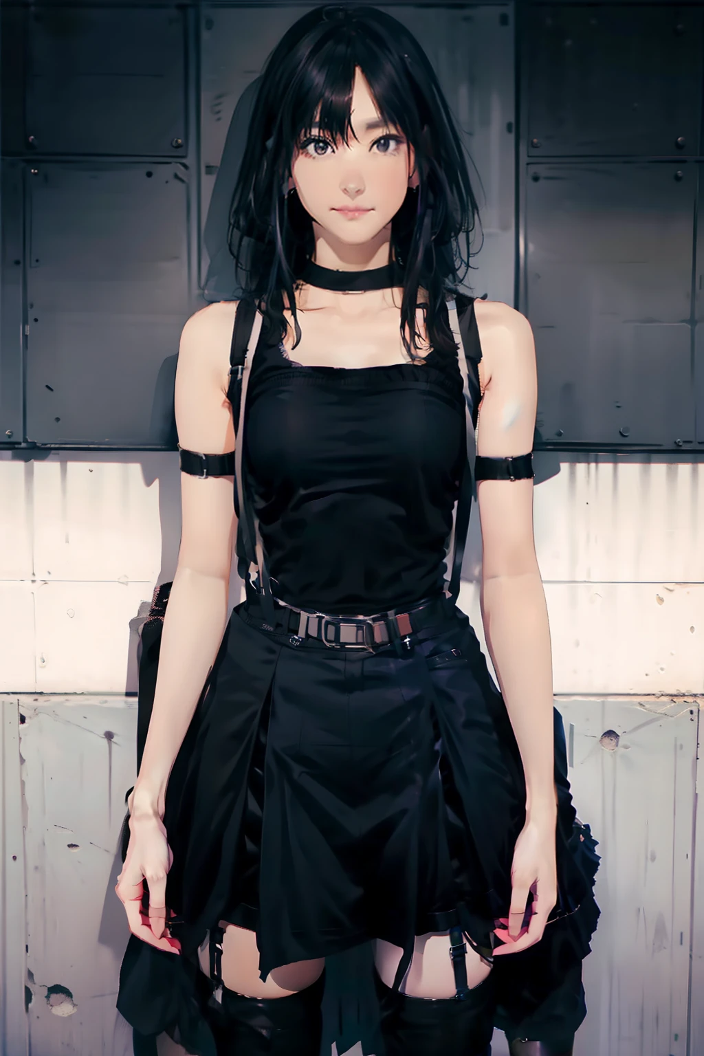 a black skirt, , Tank tops suspenders, Long Black Hair, Gray eyes, holster, Garter belt on the legs, , Moderate breasts and tight clothes, both sides Behind