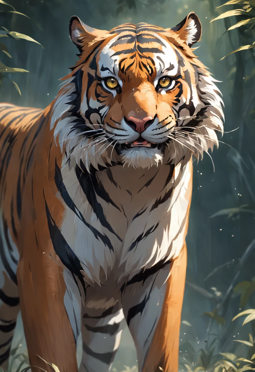 "Generate an ultra-high definition image capturing the regal essence of a tiger in a majestic pose. Utilize advanced aperture settings to achieve a shallow depth of field, focusing with precision on the tiger's intense gaze and powerful presence while allowing the background to dissolve into a pleasing blur.

Position the camera at eye level with the tiger, emphasizing its commanding stature and primal energy. Experiment with natural lighting that enhances the tiger's fur texture, creating a play of light and shadow that accentuates its form.

Capture the moment when the tiger is poised in mid-pounce or mid-roar, utilizing a fast shutter speed to freeze the dynamic motion and convey a sense of controlled power. Implement the rule of thirds to compose the image, positioning the tiger within the frame to evoke a balanced yet striking visual arrangement.

Enhance the image's color palette to emphasize the rich orange and black tones of the tiger's fur, contrasting against any subtle background elements. Utilize post-processing techniques to refine the image's contrast, sharpness, and color balance, ensuring that every whisker and muscle is rendered with breathtaking detail.

Ultimately, convey the innate majesty and wild beauty of the tiger, capturing a fleeting moment of primal energy and grace in impeccable quality."