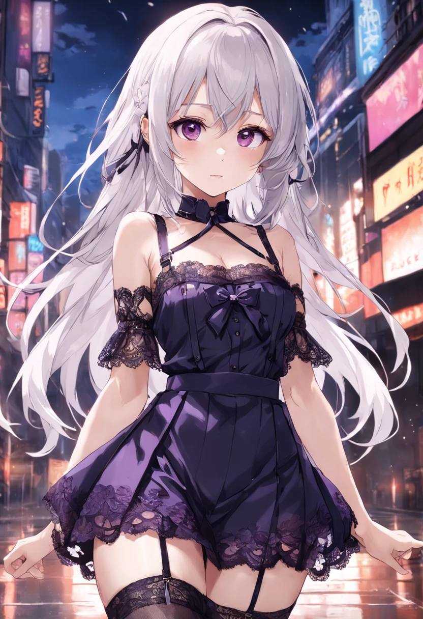 Slim strap design, lace trims, transparent elements, cross lace, leggings, short skirt, mesh stockings, suspenders,Black silk beautiful girl,White skin,hyper HD,Wallpapers,Purple pupils,ssmile
