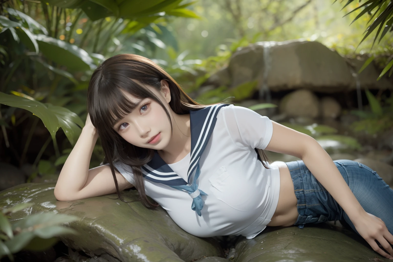 a pregirl，ssmile, looking at viewert, sailor uniformm,skintight jeans，photore, realisticlying, Best quality at best， 详细的脸，Detailed eyes，Lying on your side on a large mossy stone in a bamboo forest， diffuselighting, depth of fields