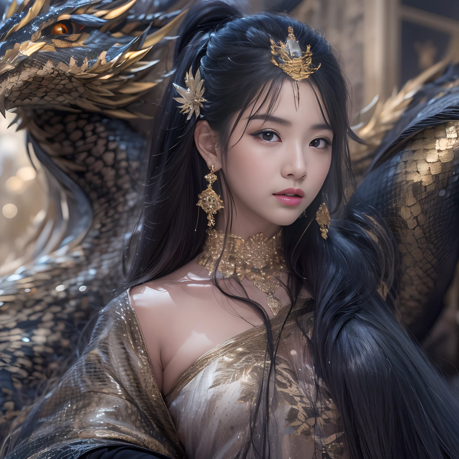 32k（tmasterpiece，k hd，hyper HD，32k）Realistic young gravure idol，Long flowing black hair，Gold jewelry area in the back room，King Girl ，Silver Dragon Protector （realisticlying：1.4），Python pattern robe，Purple-pink tiara，Snowflakes fluttering，The background is pure，Hold your head high，Be proud，The nostrils look at people， A high resolution， the detail， RAW photogr， Sharp Re， Nikon D850 Film Stock Photo by Jefferies Lee 4 Kodak Portra 400 Camera F1.6 shots, Rich colors, ultra-realistic vivid textures, Dramatic lighting, Unreal Engine Art Station Trend, cinestir 800，Hold your head high，Be proud，The nostrils look at people