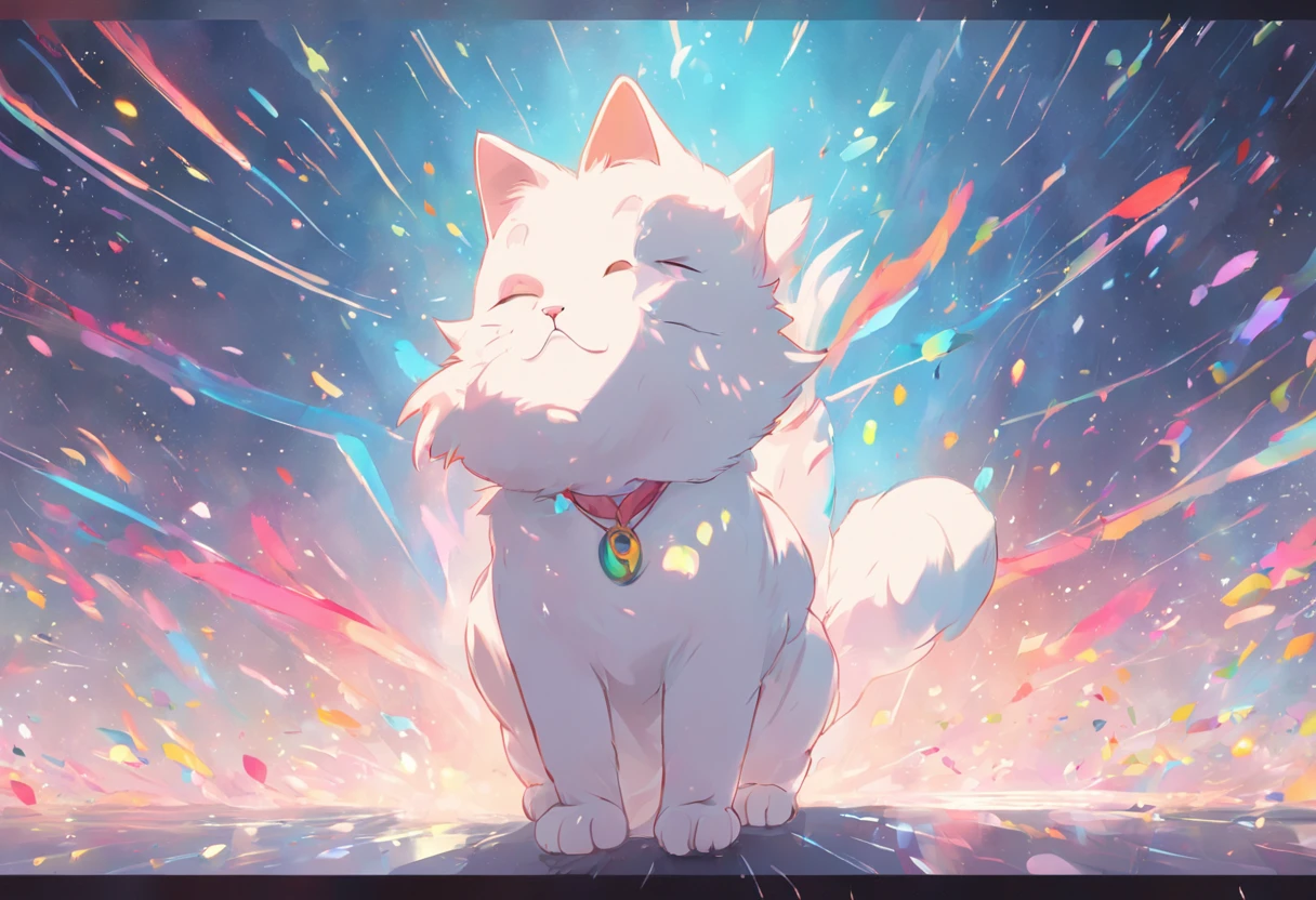 a cartoon white cat, float in the air, (rainbow backround),(( Sakura around)), high detail, cinematic lighting, motion blur, chromatic aberration, UHD, masterpiece, super detail, high details, high quality, award winning, best quality, highres