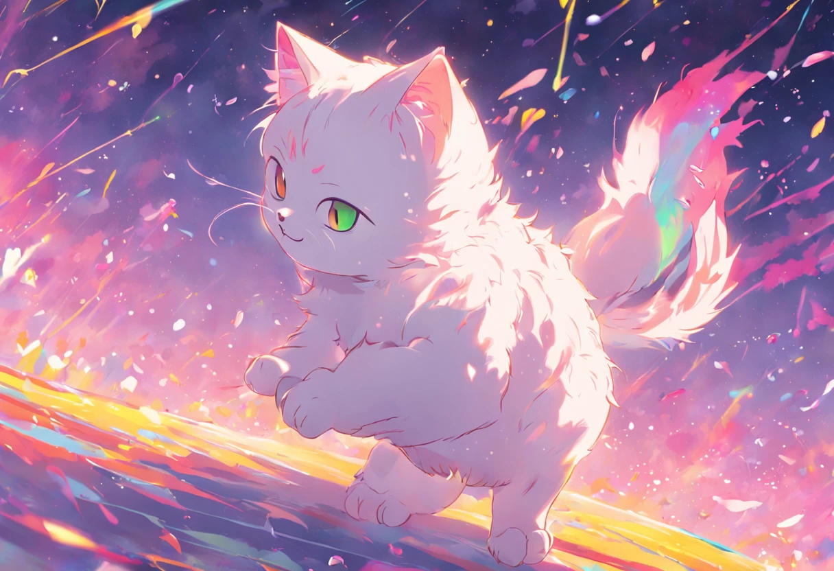 a cartoon white cat, float in the air, (rainbow backround),(( Sakura around)), high detail, cinematic lighting, motion blur, chromatic aberration, UHD, masterpiece, super detail, high details, high quality, award winning, best quality, highres