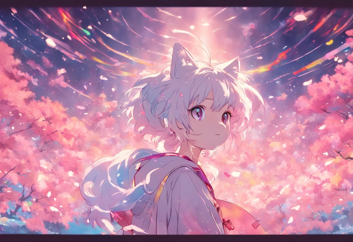 a cartoon white cat, float in the air, (rainbow backround),(( Sakura around)), high detail, cinematic lighting, motion blur, chromatic aberration, UHD, masterpiece, super detail, high details, high quality, award winning, best quality, highres