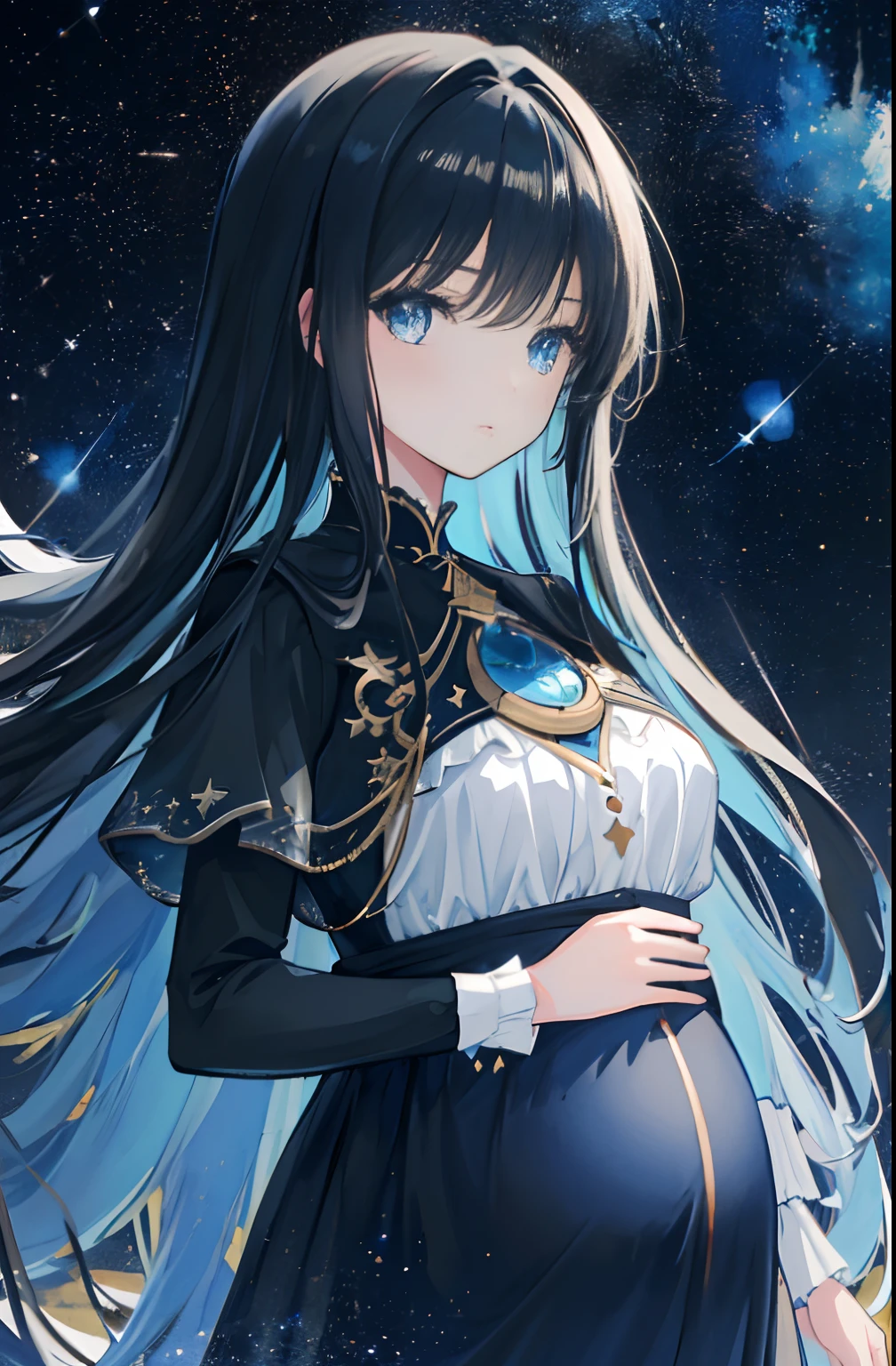 ((masterpiece)), ((best quality)), (amazing desinger), (best artist), (best illustrated potrait), (best performance), (4k Full HD), (HDR+), (1girl) with (long) black hair, (sparkling blue eyes), in a landscape on the side with (amazing) starry night sky drawn in artistic and cinematic tones-- MeinaPastel style--v5 (anime illustration), pregnant