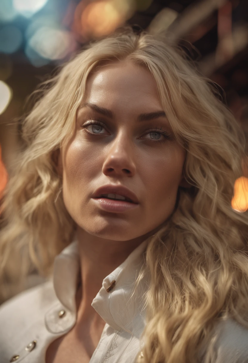 a blonde woman black eyes blonde hair with a piece of wood in hand high definition 8k cinematic image