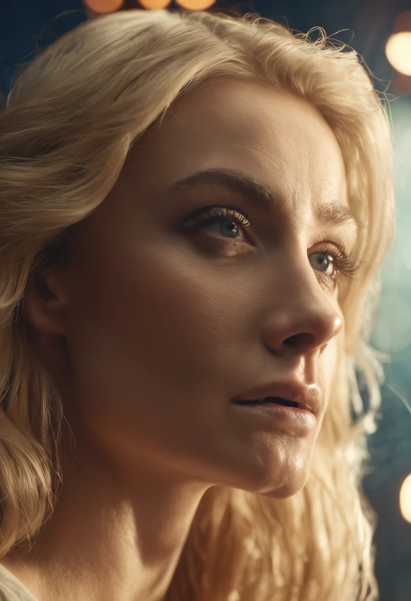 a blonde woman black eyes blonde hair with a piece of wood in hand high definition 8k cinematic image