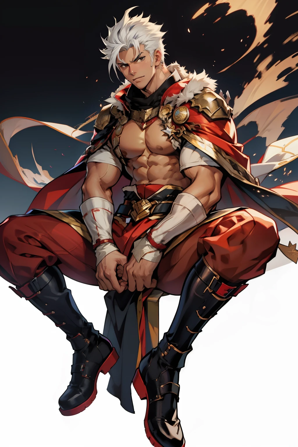 Highest image quality,male people,child,1 boy,Young and handsome,shoun,White color hair,Short flat top hair,Dark skin,anime big breast,anime wallpaper,Solo,malefocus,Briefs,Dilation of the pectoral muscles,Red cape,Bulging crotch,Urban background,spread their legs,Sexy,(Masterpiece, Best quality),Long white socks,Red Martin boots,