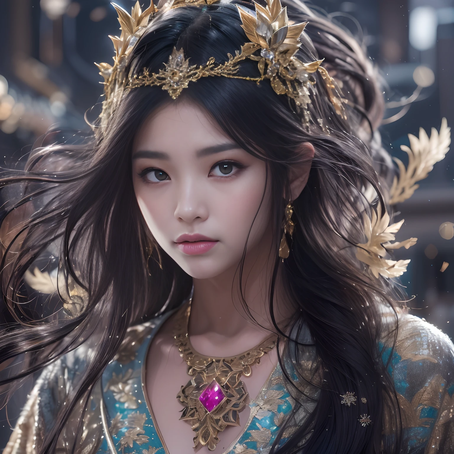 32k(tmasterpiece,k hd,hyper HD,32k)Realistic young gravure idol,Long flowing black hair,Gold jewelry area in the back room,King Girl ,Silver Dragon Protector (realisticlying:1.4),Python pattern robe,Purple-pink tiara,Snowflakes fluttering,The background is pure,Hold your head high,Be proud,The nostrils look at people, A high resolution, the detail, RAW photogr, Sharp Re, Nikon D850 Film Stock Photo by Jefferies Lee 4 Kodak Portra 400 Camera F1.6 shots, Rich colors, ultra-realistic vivid textures, Dramatic lighting, Unreal Engine Art Station Trend, cinestir 800,Hold your head high,Be proud,The nostrils look at people