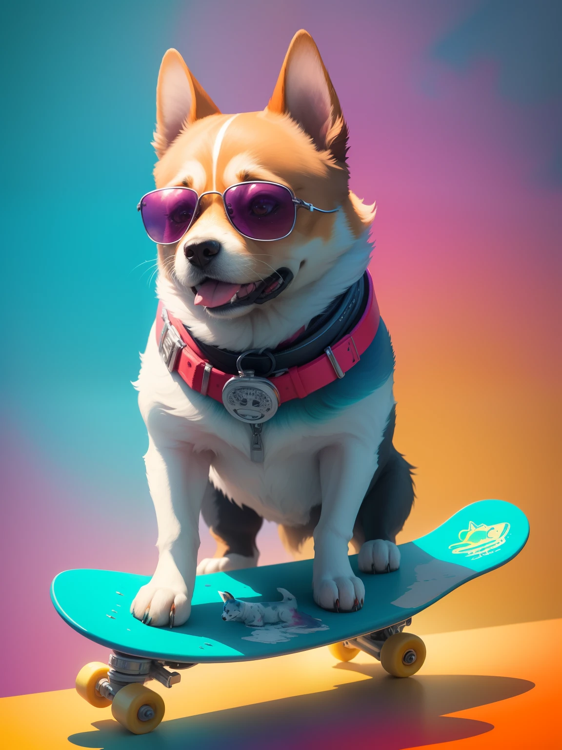Dog wearing gradient sunglasses,On a skateboard, painted in bright water colors, animal drawing, vibrant watercolor painting, painting of cute dog, Stunning artwork, Surrealism with bright colors, plethora of colors,detail-rich, lovely digital painting, Amazing, digital art animal photo, colorful art,watercolor detailed art