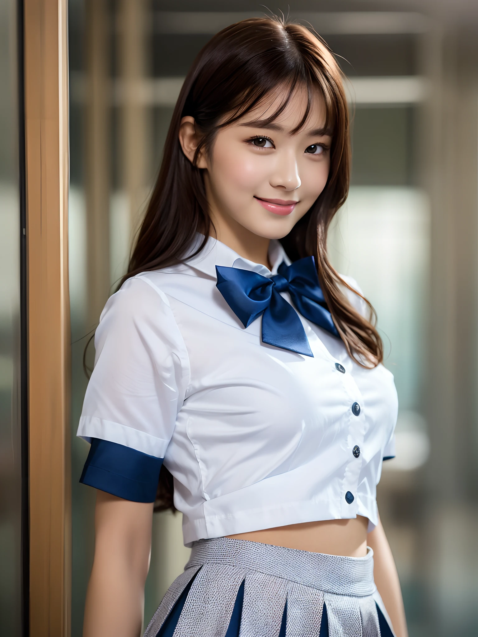 Product quality, 1girl in, upperbody shot, front-facing view, a Japanese young pretty woman, hyper pretty face, 18 years old, Standing with a big smile in a high school classroom, wearing a short sleeves silky white collared shirt with shiny satin red plain bow tie, Wearing a dark blue pleated long skirt, Glossy lips, Double eyelids in both eyes, Natural makeup, long eyelashes, shiny smooth light brown hair of medium length, asymmetrical bangs, Tanned skin, wearing a dark blue pleated skirt, central image, 8K resolution, high detailing, detailed hairstyle, Detailed face, spectacular movie lighting, Octane Rendering, Vibrant, Hyper realistic, Perfect limbs, Perfect Anatomy