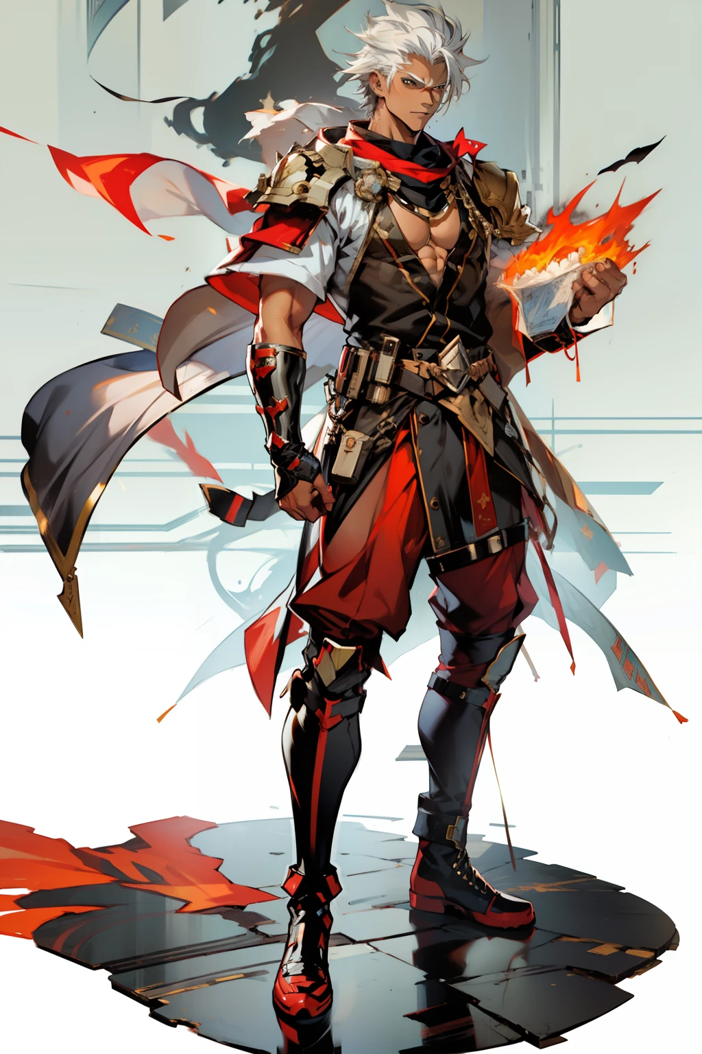 Highest image quality，male people，child，1 boy，Young and handsome，shoun，White color hair，Short flat top hair，Dark  skin，anime big breast，anime wallpaper，Solo，malefocus，Briefs，Dilation of the pectoral muscles，Red cape，Bulging crotch，Urban background，spread their legs，Sexy,(Masterpiece, Best quality),Long white socks，Red Martin boots，