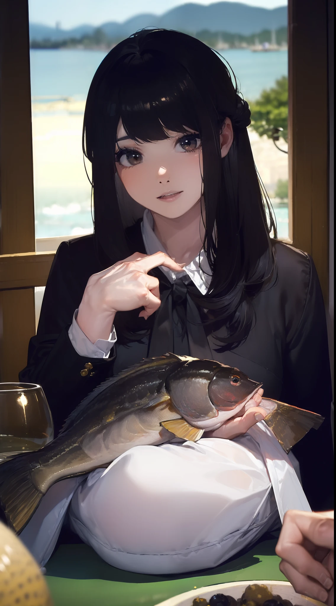 ((((Catch a big black bass by the lake:1.5)))),((1 female 22 years old))((Best Quality:1.5)),(((Hands with the correct number and structure of fingers:1.4))),(Large Mouth Bus),hight resolution,ultra-detailliert,​masterpiece,best qualtiy,poneyTail,Black hair, long eyeslashes, Solid Circle Eyes, drop shadow, Atmospheric perspective,Super Detail, ccurate, small brest,(Black jacket :1.1),top-quality, blurry backround, bokeh dof:1.2, (​masterpiece:1.3),  Atmospheric perspective,Super Detail,dynamic compositions,top-quality、​masterpiece、Very beautiful CG、finely detail、​masterpiece