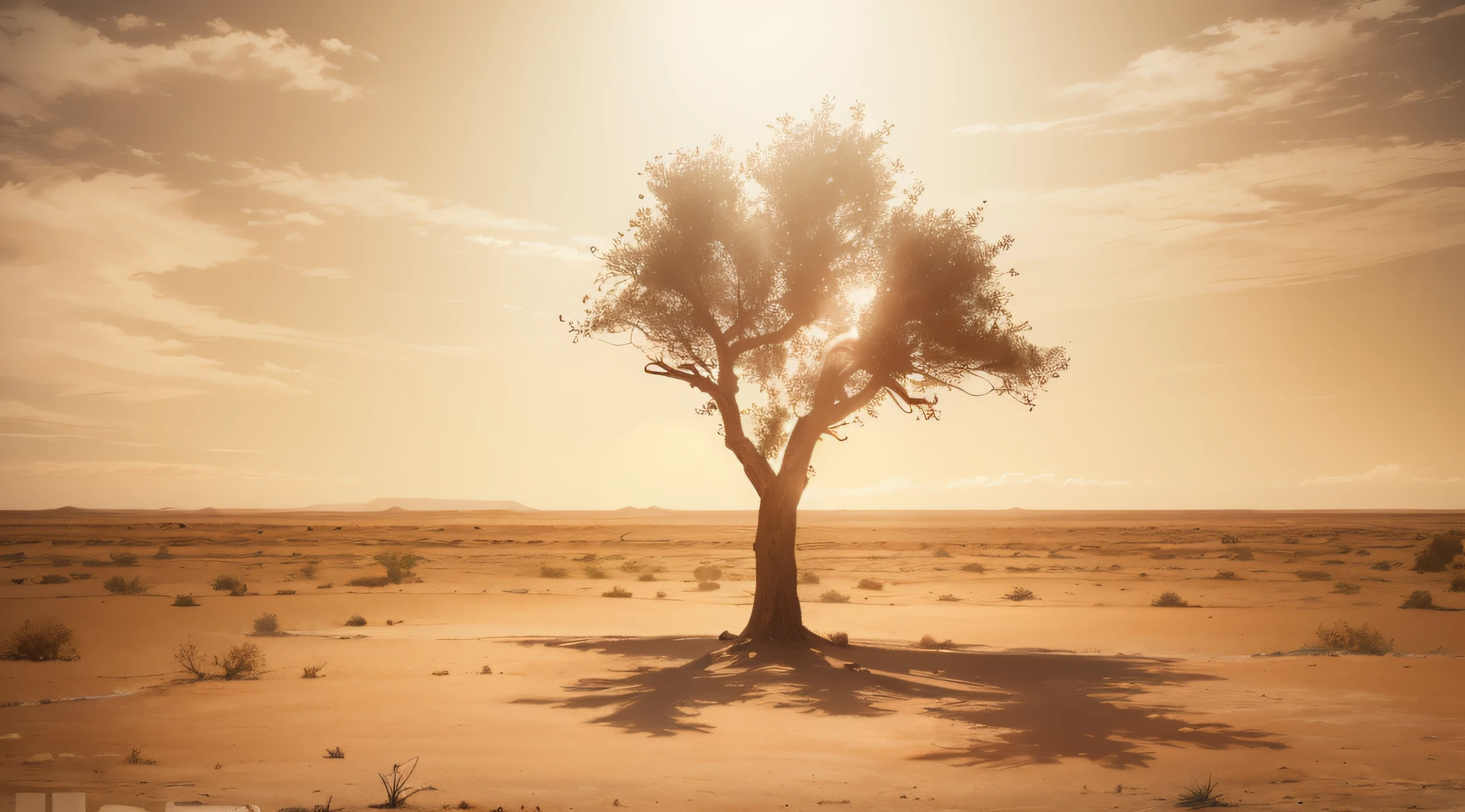 A captivating and desolate landscape of a scorching desert, where the remnants of ancient ruins are scattered across the vast expanse. The intense heat from the blazing sun creates a surreal and barren atmosphere. Only a few solitary trees stand as a reminder of life in this unforgiving environment. (Professional photoshoot, bokeh, symmetrical)